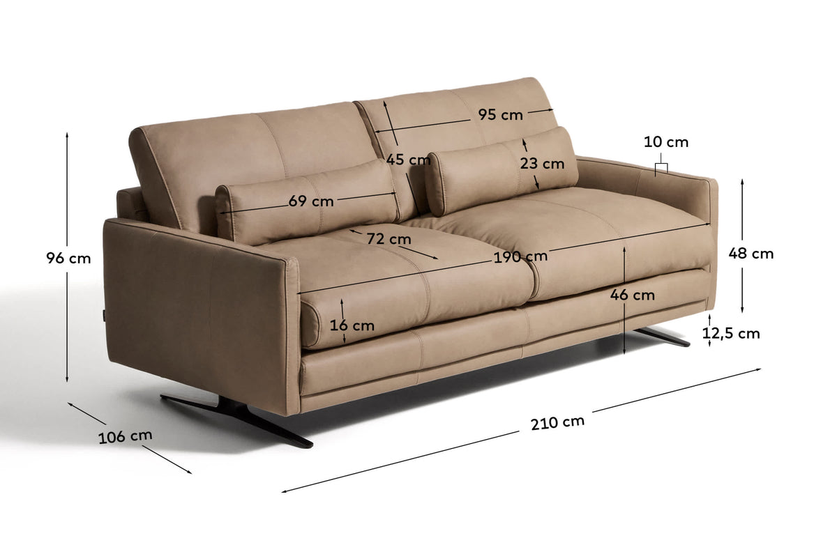 Sofa 3-osobowa VELIRO brązowa skóra z czarnymi stalowymi nogami – wymiary