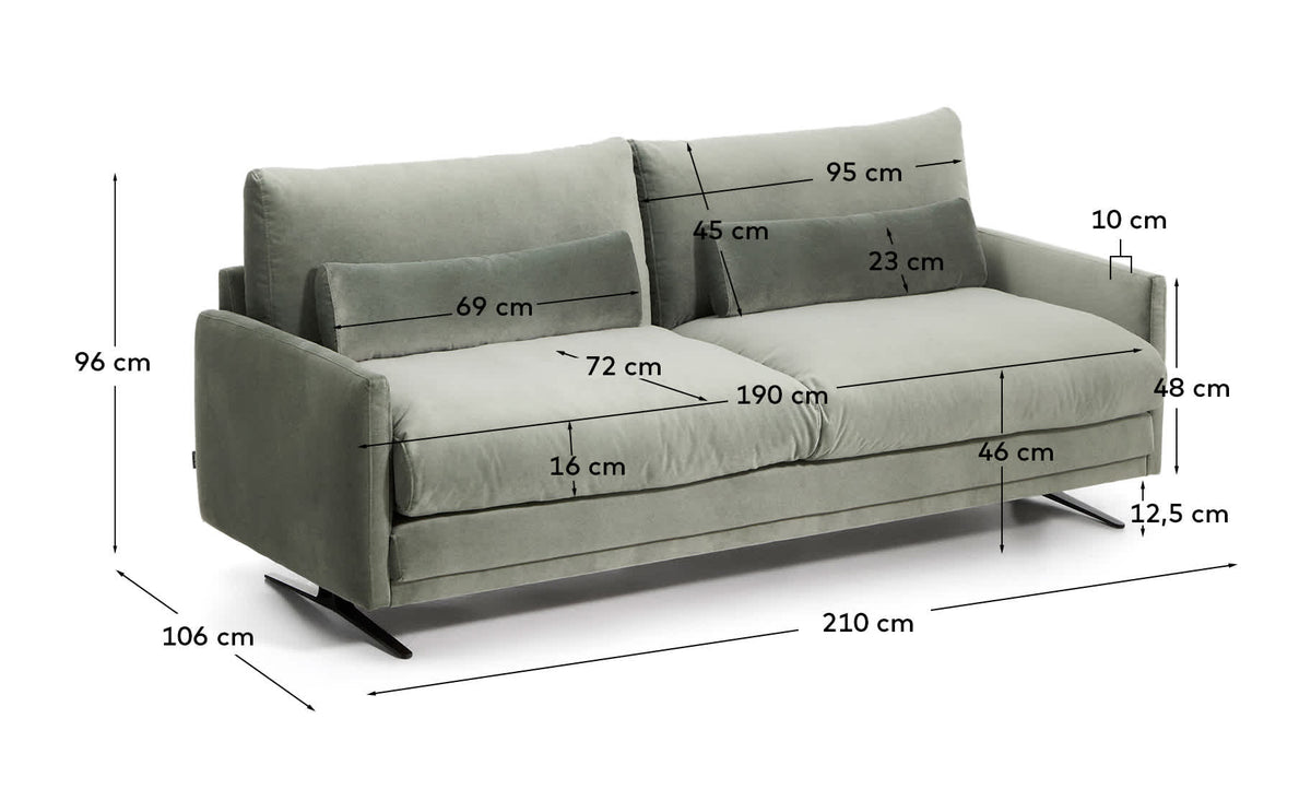 Sofa 3-osobowa VELIRO zielony aksamit z czarnymi metalowymi nogami – wymiary