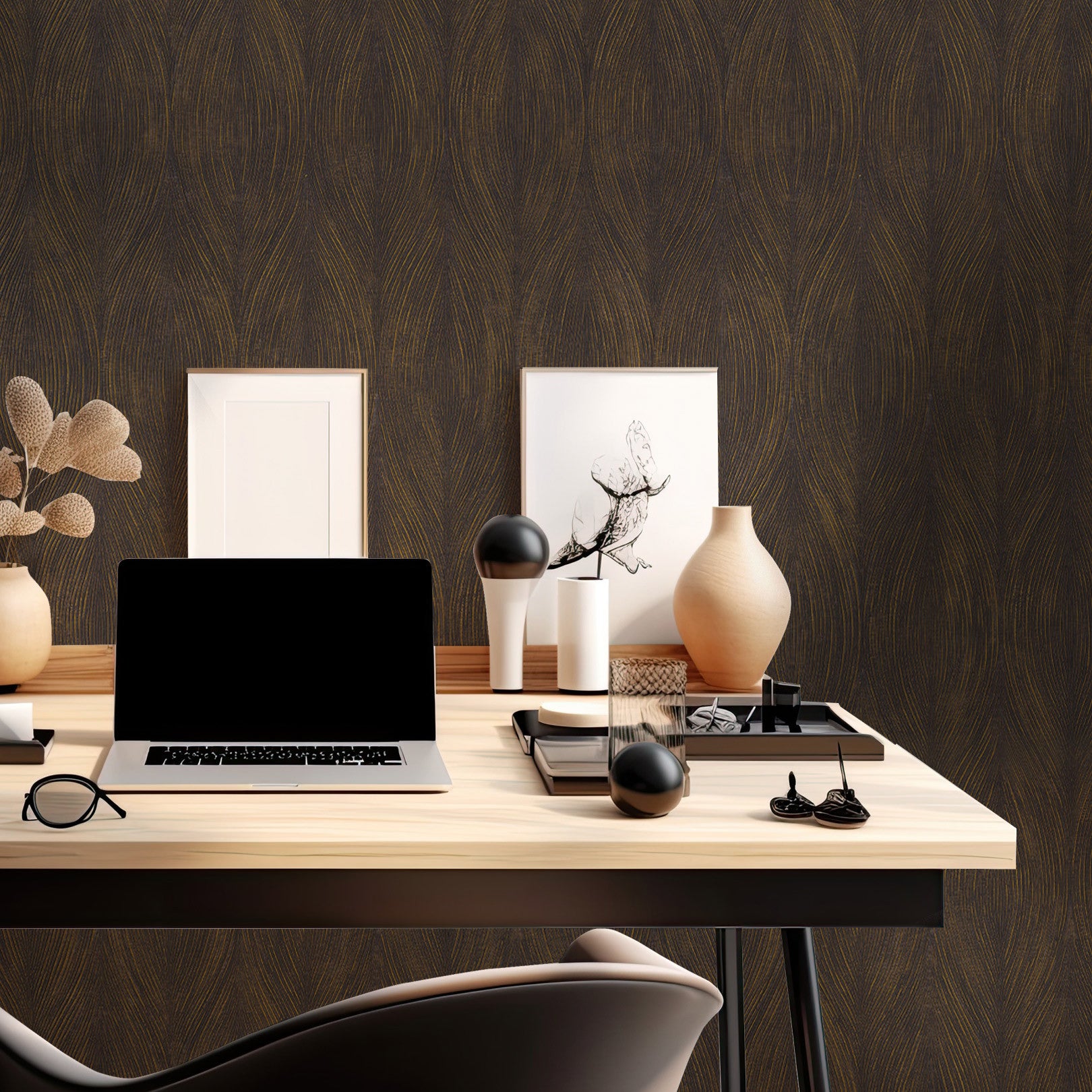 Metallic Structural Wallpaper with Abstract Pattern KERAMOS - ÉBÈNE/DORÉ Dark Brown