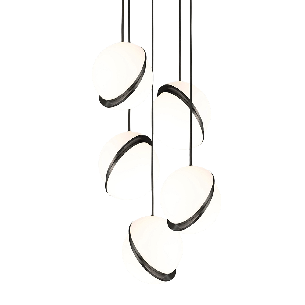 Lampa wisząca 5-punktowa CRESCENT opalowy klosz z czernionym mosiądzem