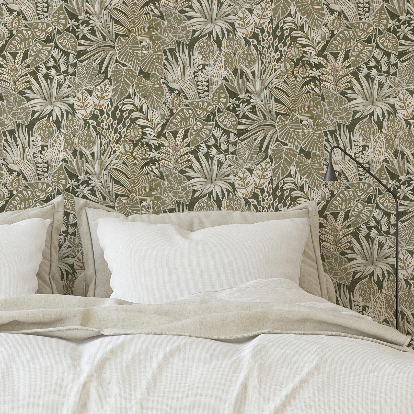 Structural wallpaper with a plant motif of MADHUCA leaves - KAKI khaki