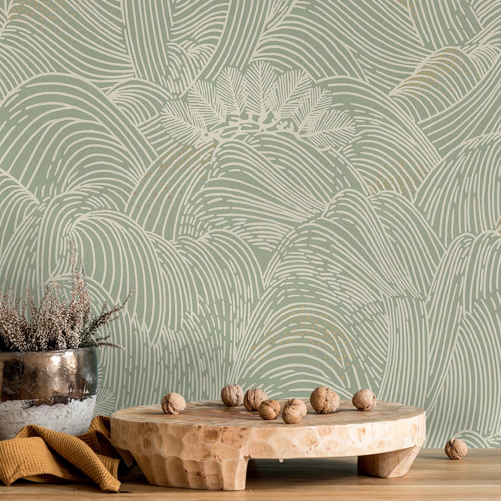 Tapeta strukturalna z abstrakcyjnym wzorem fal MARÉE HAUTE - VERT zielony