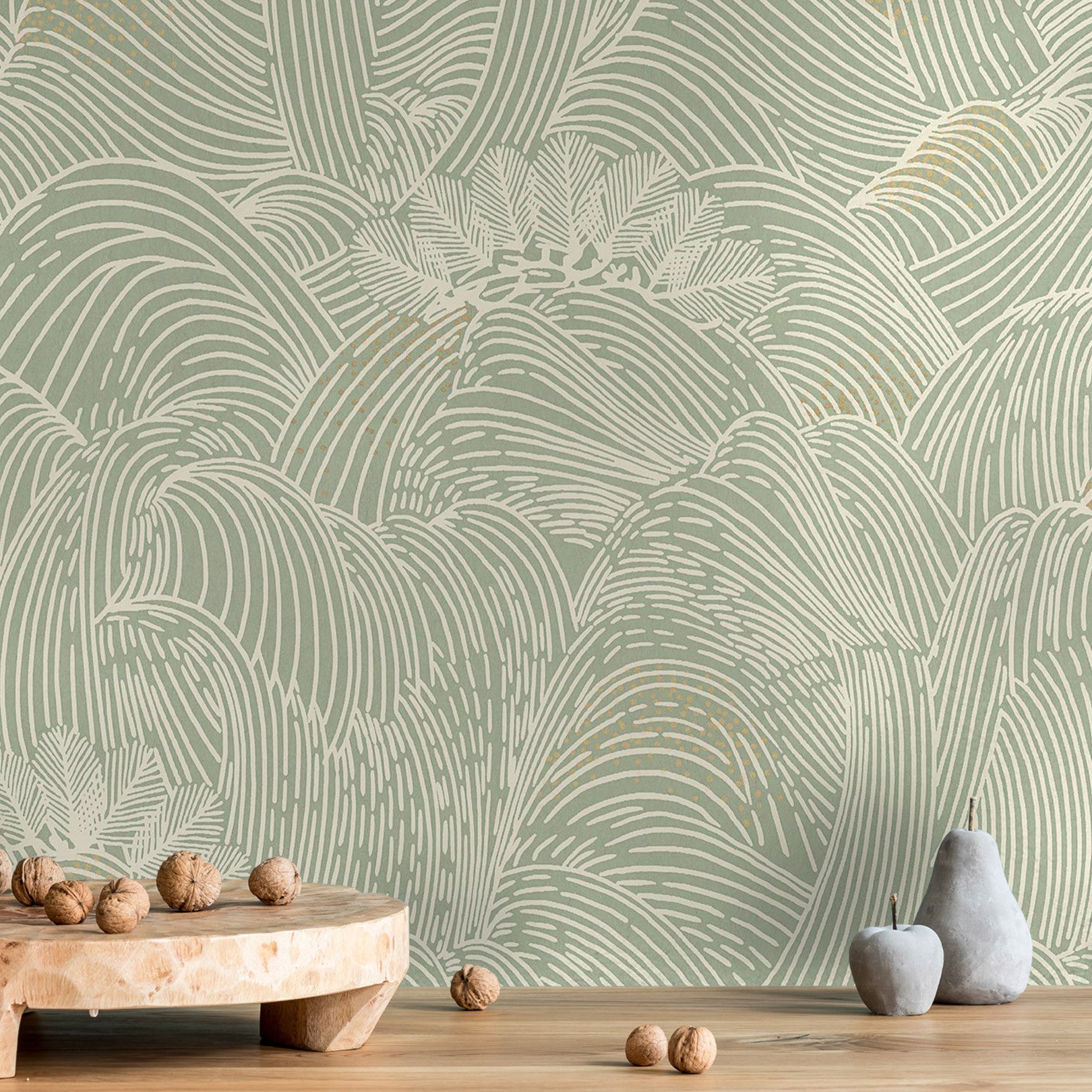 Tapeta strukturalna z abstrakcyjnym wzorem fal MARÉE HAUTE - VERT zielony