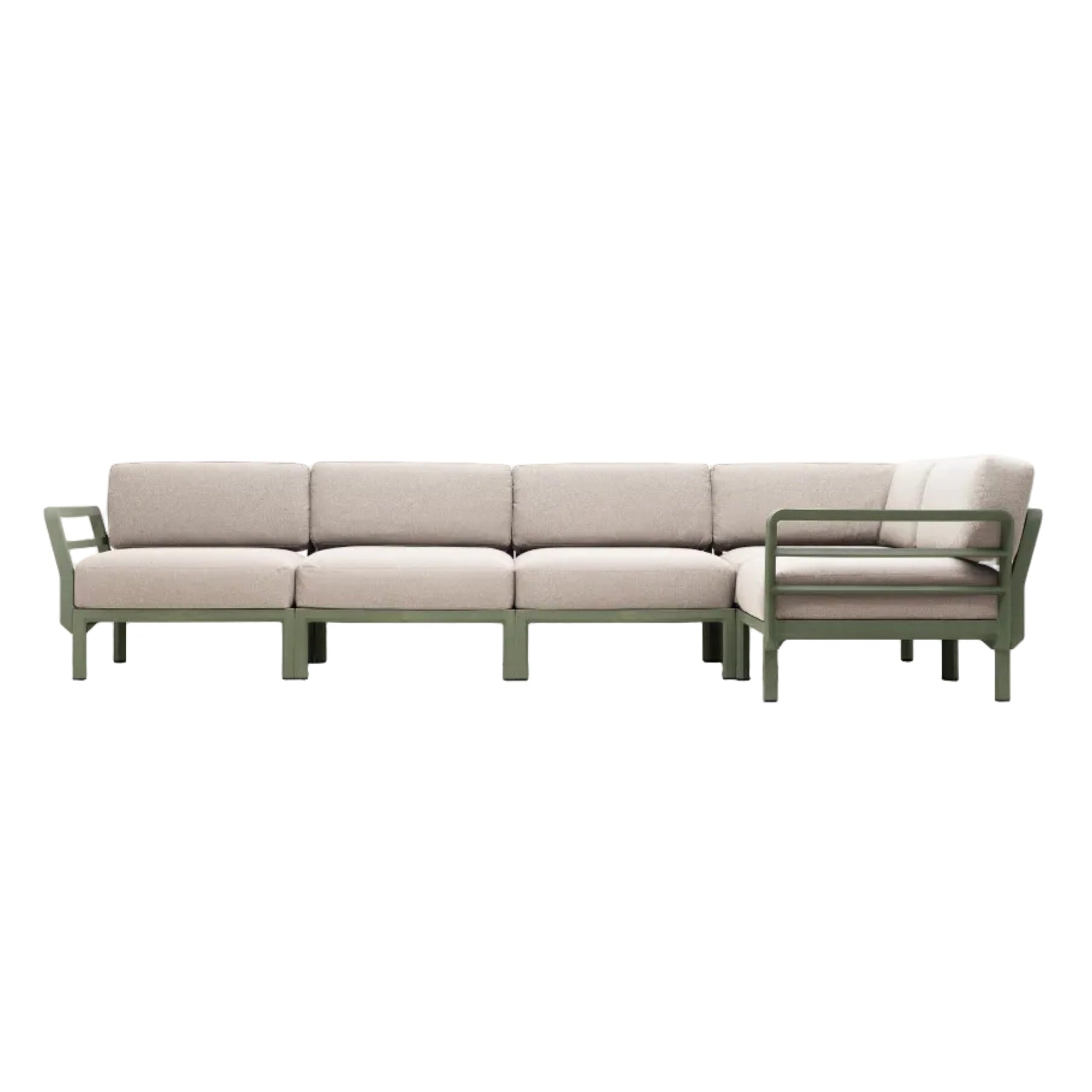 Modularer Außen-Ecksofa MAXIMO 5 perlmuttfarben mit grünem Untergestell
