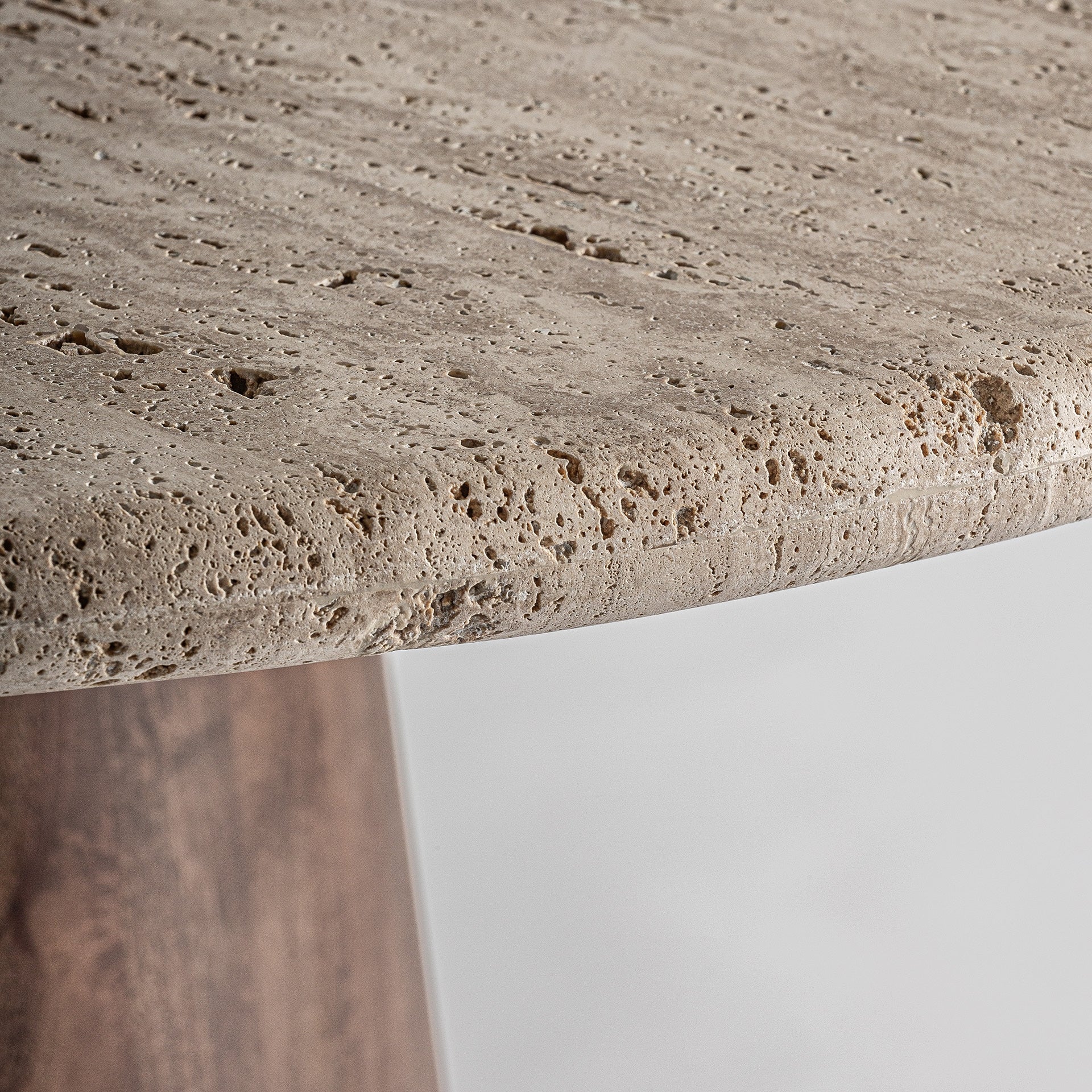 VARZI Round Table with Travertine Top and Mango Wood Base