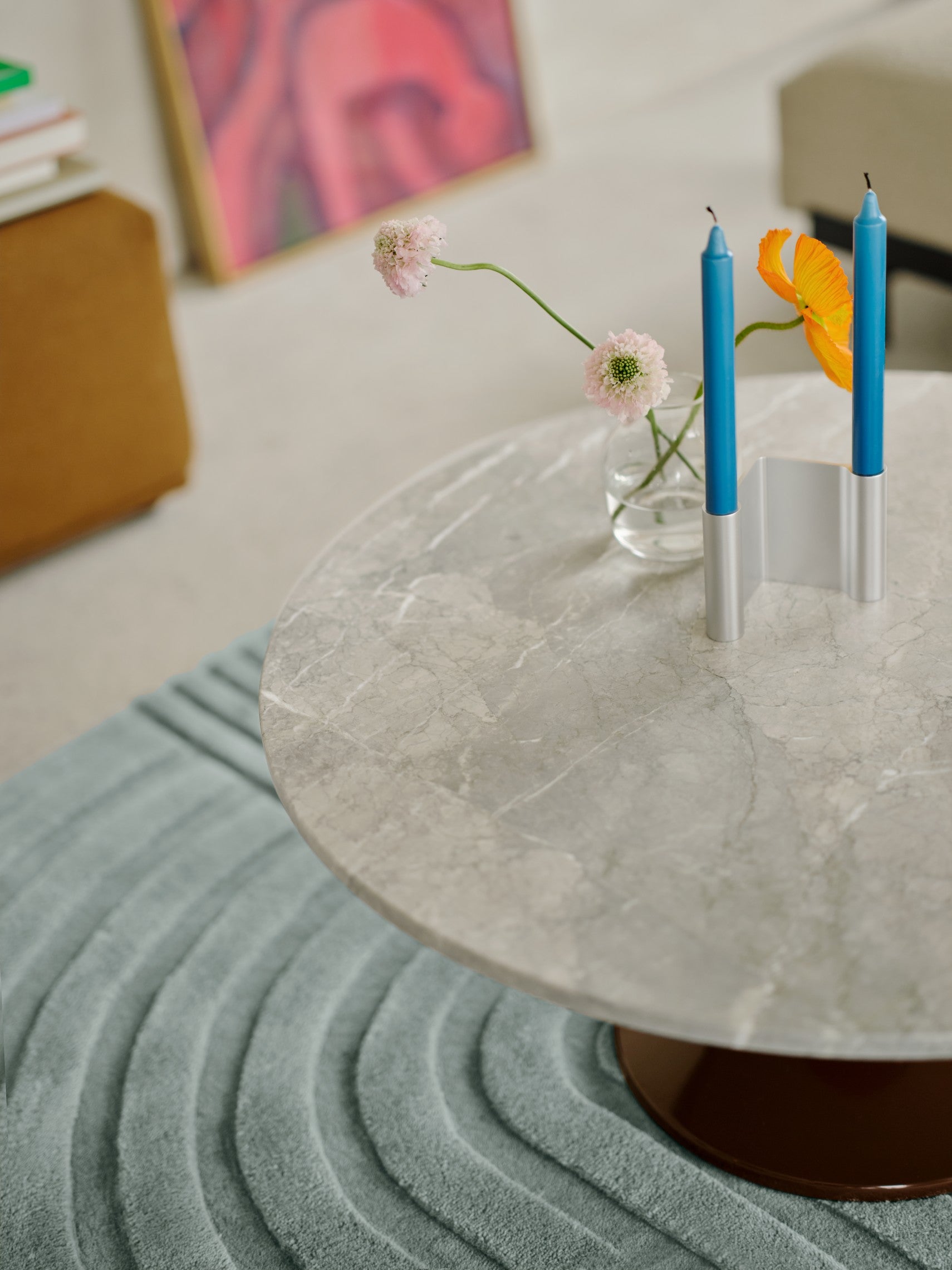 MIDST Coffee Table Gray Marble with Burgundy Base