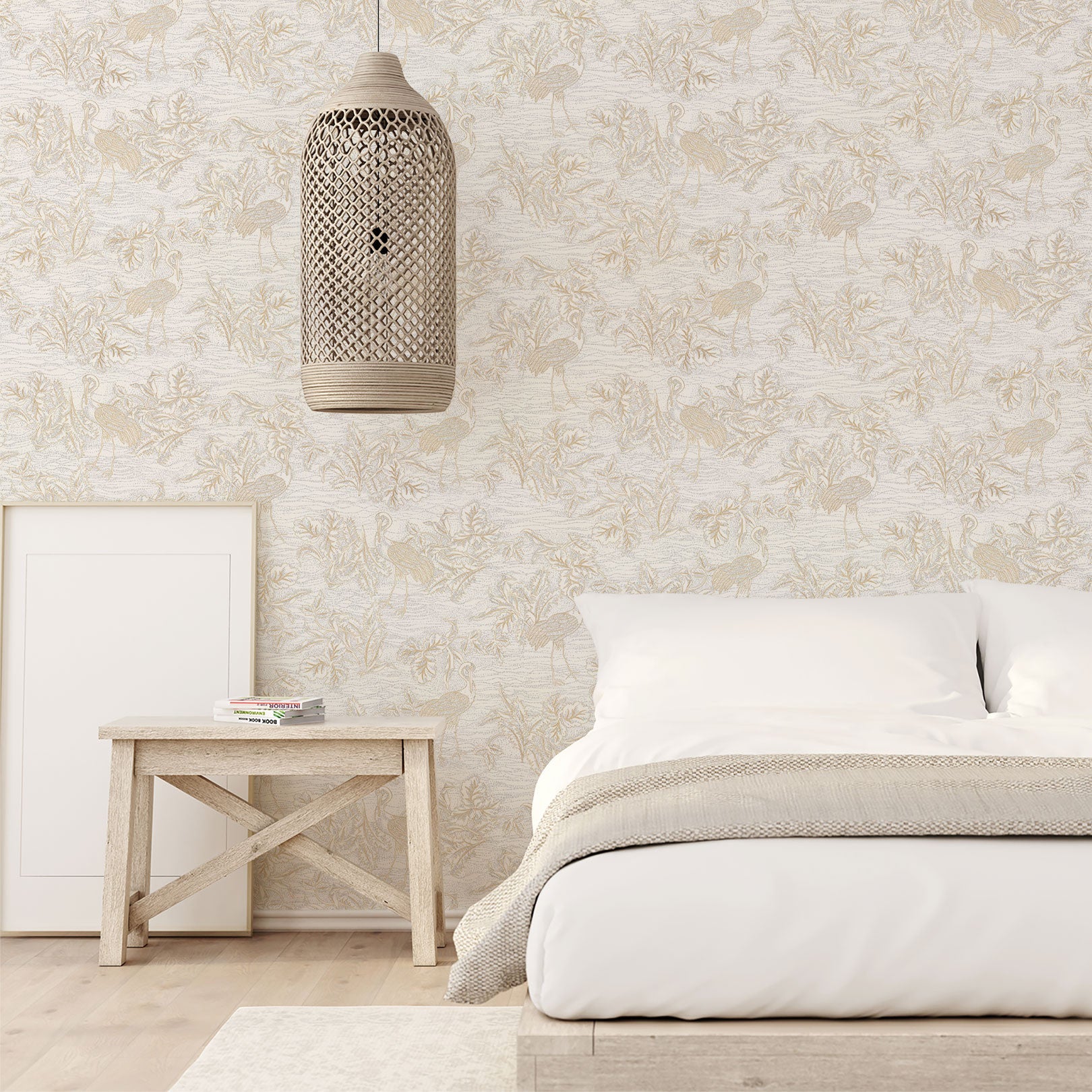 Structural wallpaper with a plant and animal motif MIRADOR - BLANC white