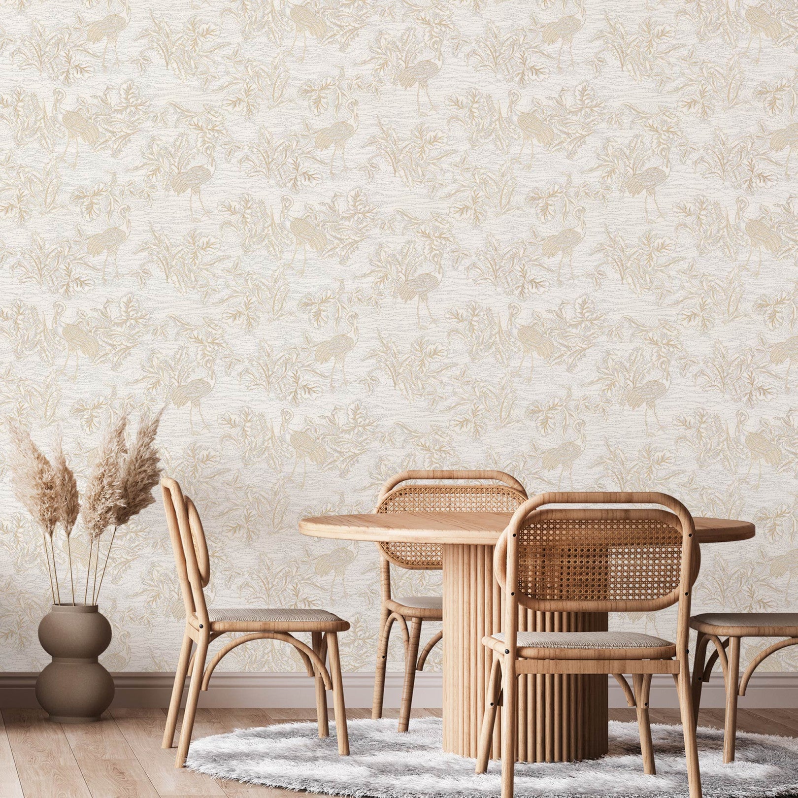 Structural wallpaper with a plant and animal motif MIRADOR - BLANC white