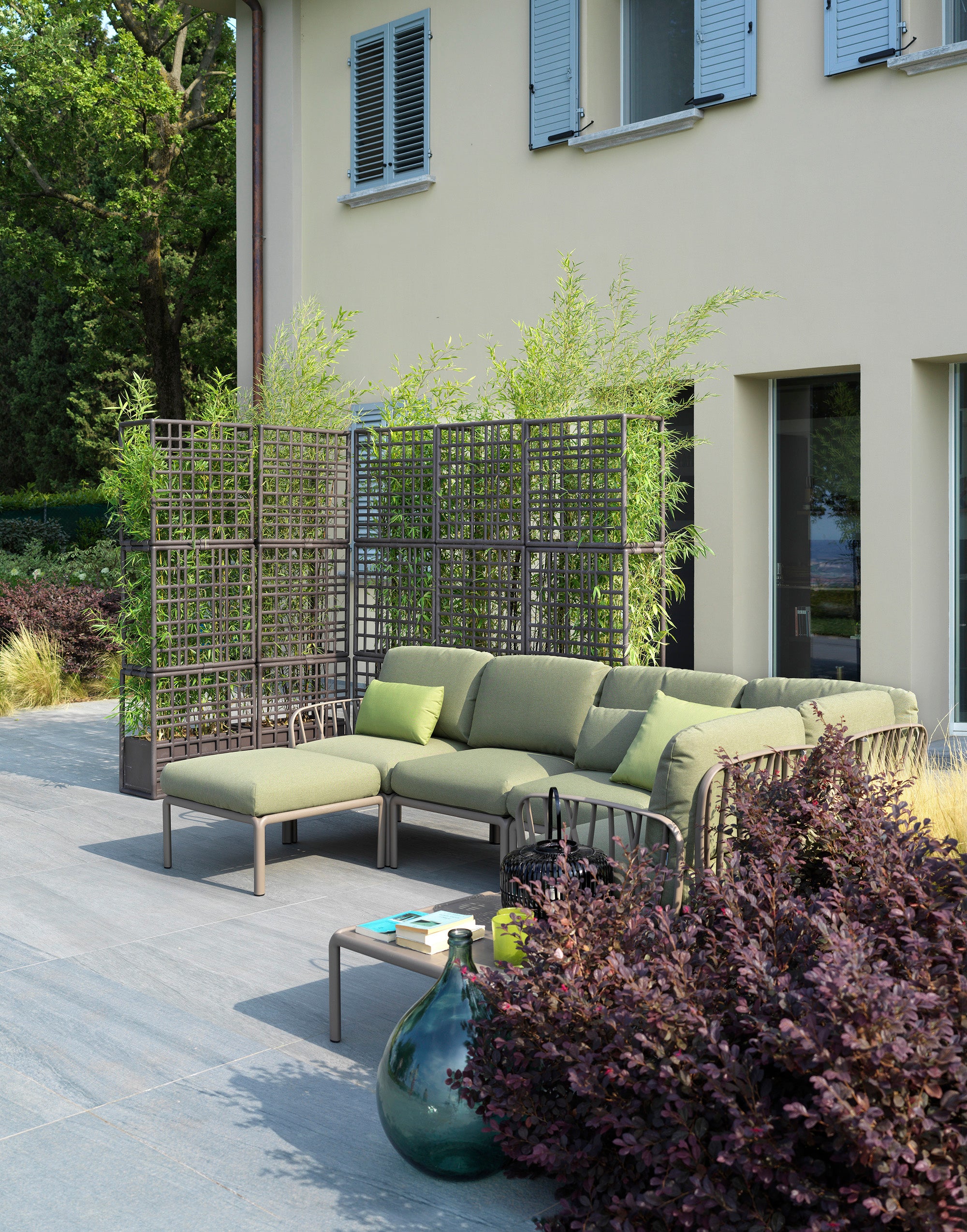 Narożnik modułowy zewnętrzny KOMODO 5 beżowy Sunbrella® z taupe podstawą