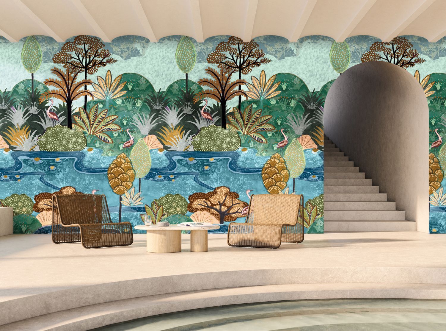 Mural with a plant and animal motif of birds ARUBA - MULTICOLOURS green with blue