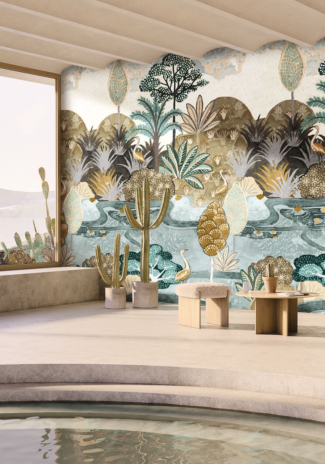 Mural z motywem roślinnym i zwierzęcym ptaków ARUBA - CELADON/MORDORÉ seledynowy z brązowym