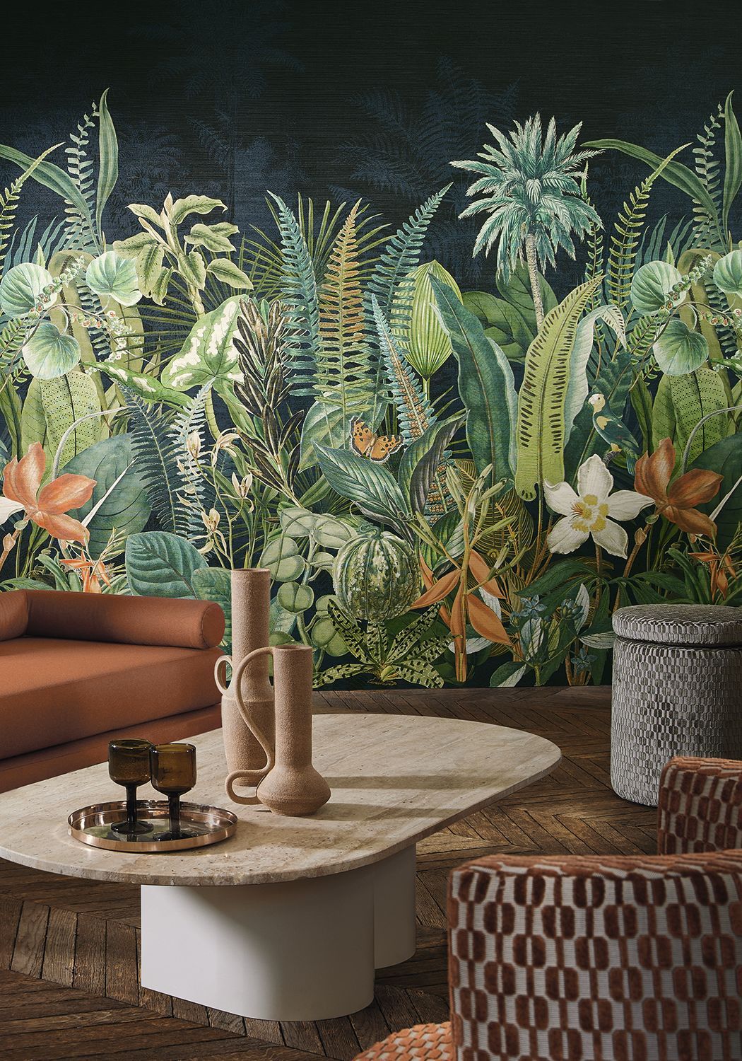 Wandbild mit Pflanzenmotiv DAINTREE - BLEU MARINE/VERT MOUSSE marineblau mit grünem