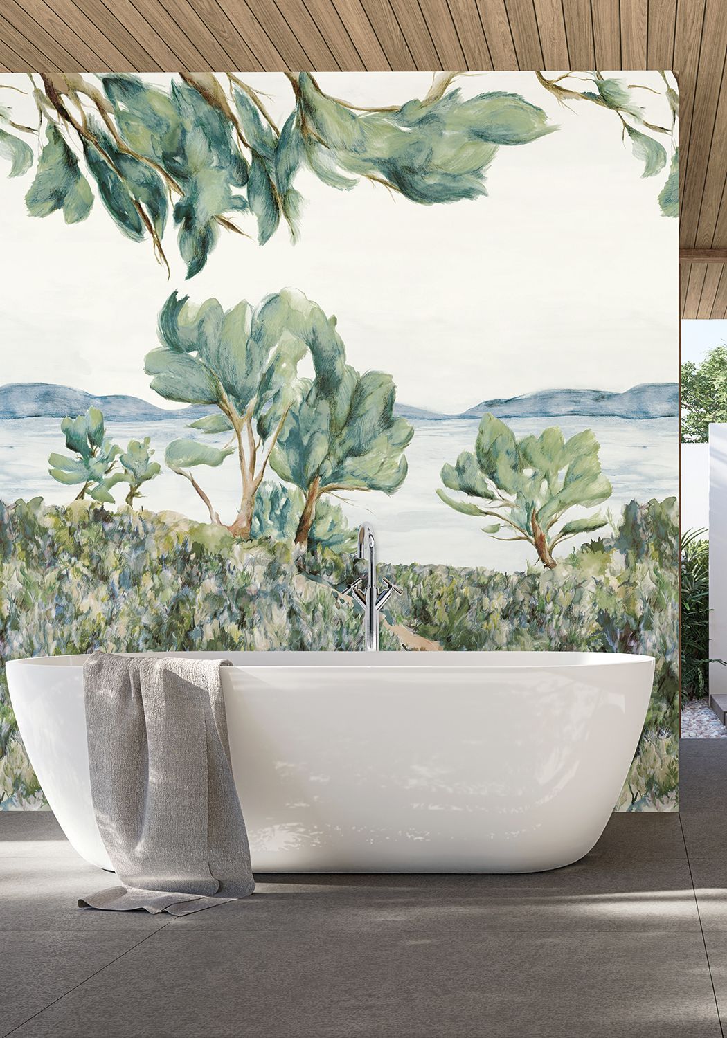 Mural z krajobrazem roślinnym FELIX - SAUGE/CELADON seledynowy z niebieskim
