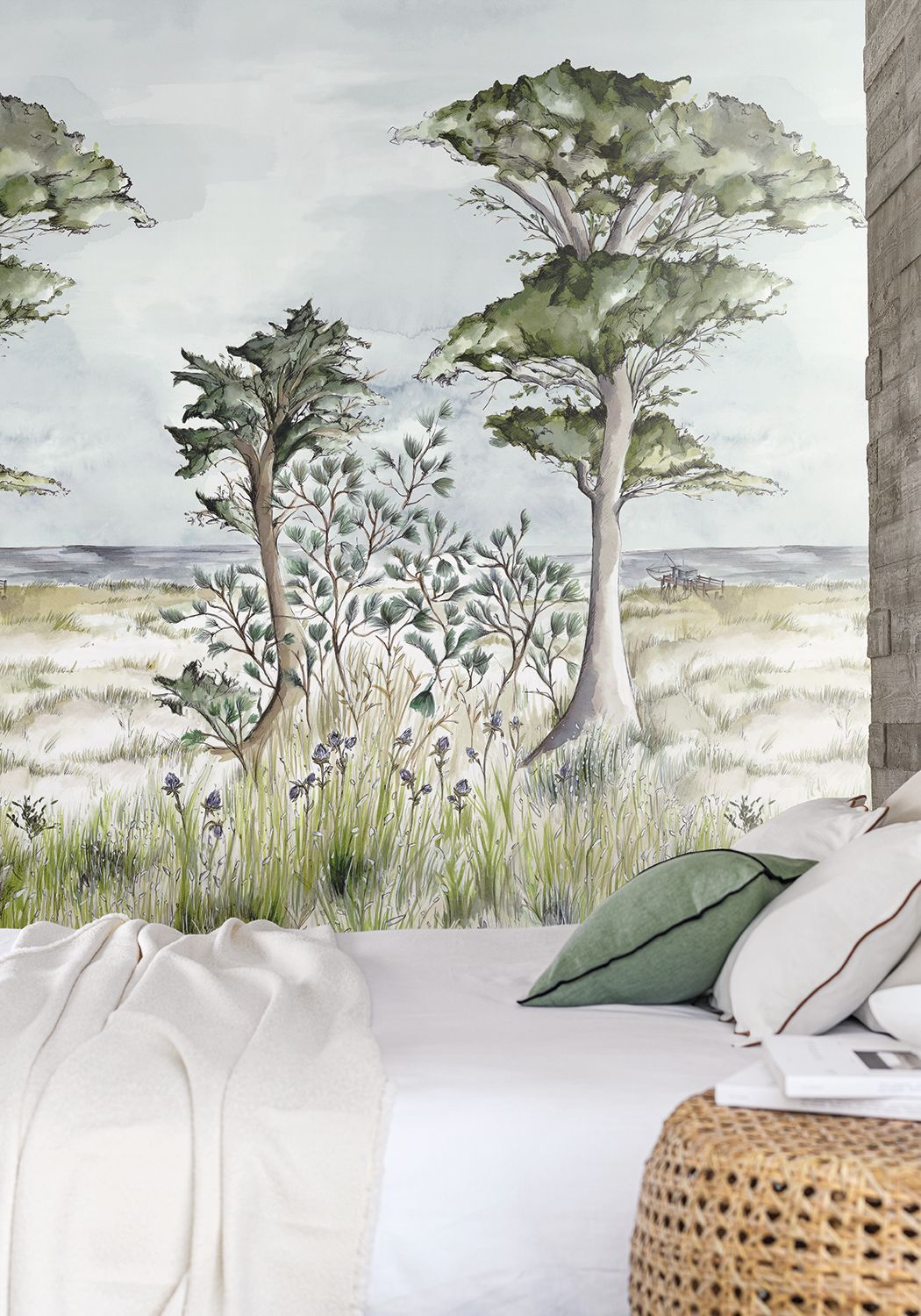 Wandbild mit maritimem Pflanzenlandschaft PORNIC INT - CYPRES/CIEL gedämpftes Grün mit Blau