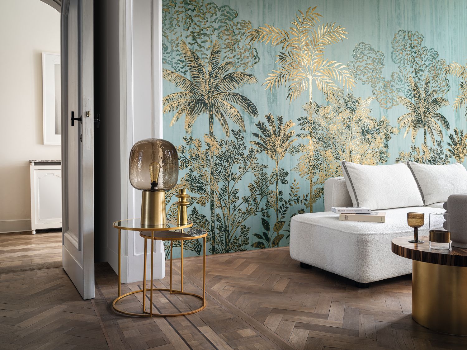 Mural z motywem roślinnym palm SIWA - OPALINE/DORÉ zielony ze złotym