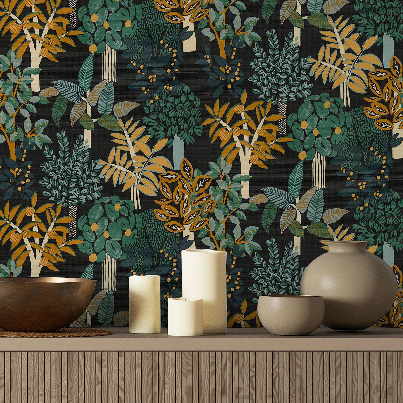 Structural wallpaper with a botanical motif PERADENIYA - NOIR/MULTICO black with green and orange