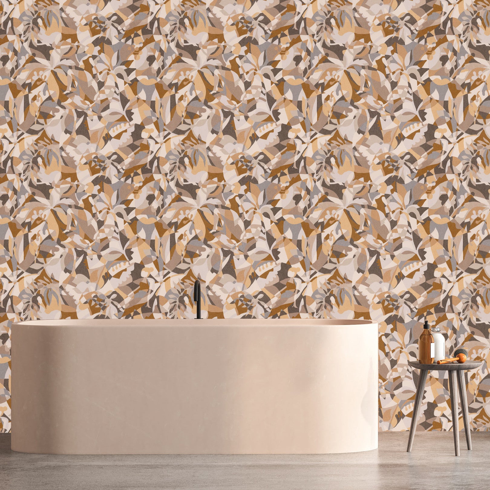 Abstract patterned wallpaper with a botanical motif PLONGEON - SABLE/CAMEL beige with brown