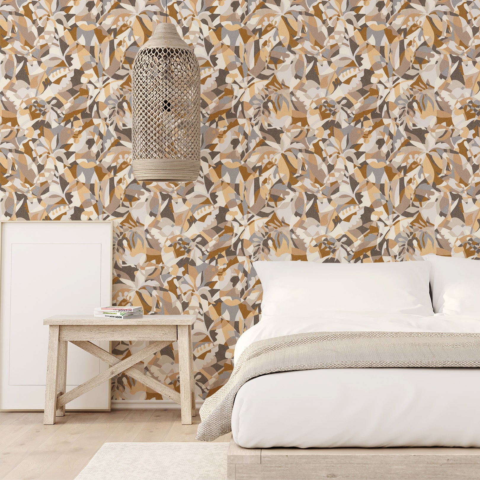 Abstract patterned wallpaper with a botanical motif PLONGEON - SABLE/CAMEL beige with brown