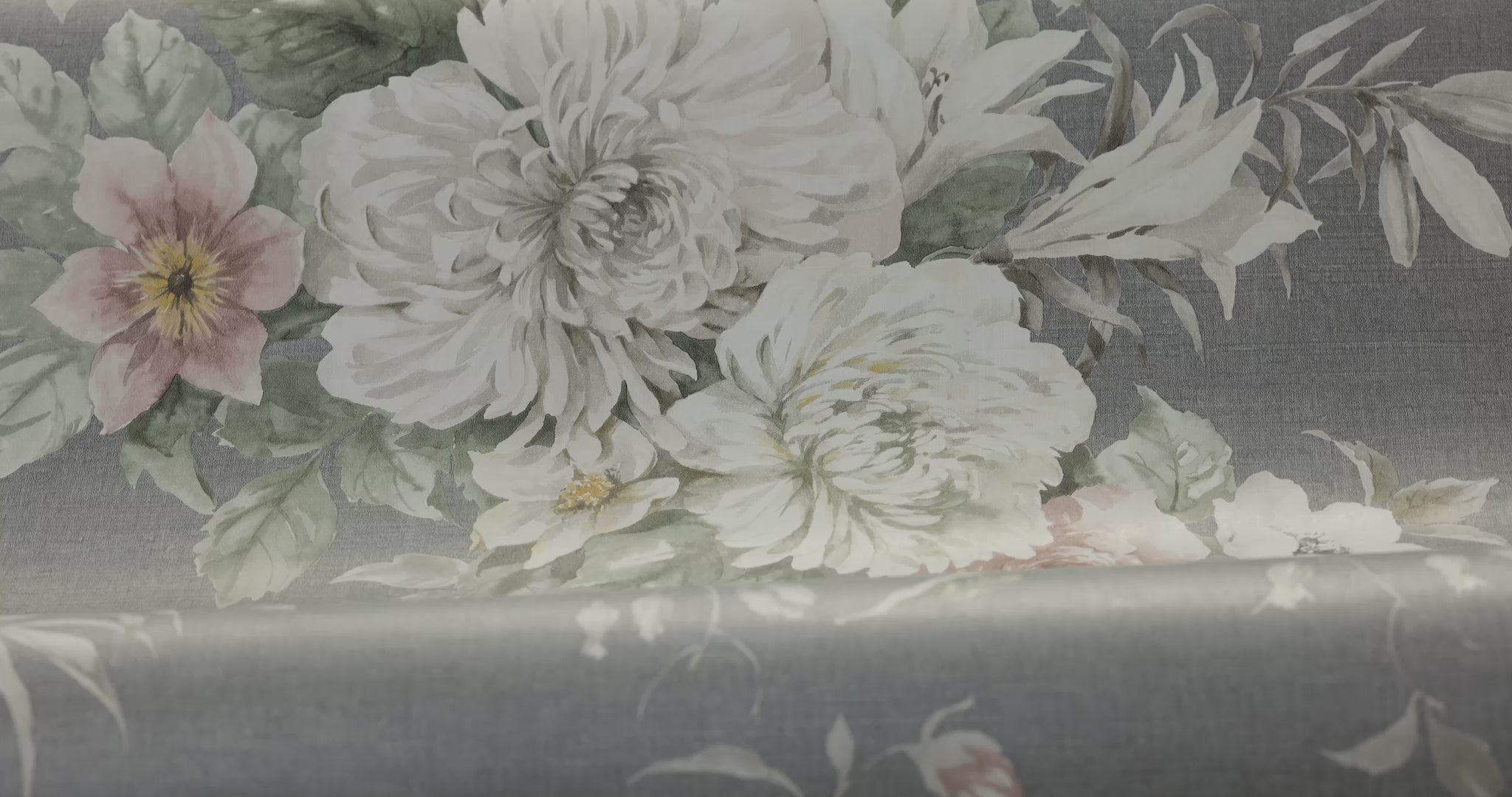 Tapeta flizelinowa papierowa z roślinnym wzorem FLORAL CHARM szary z białym i różowym