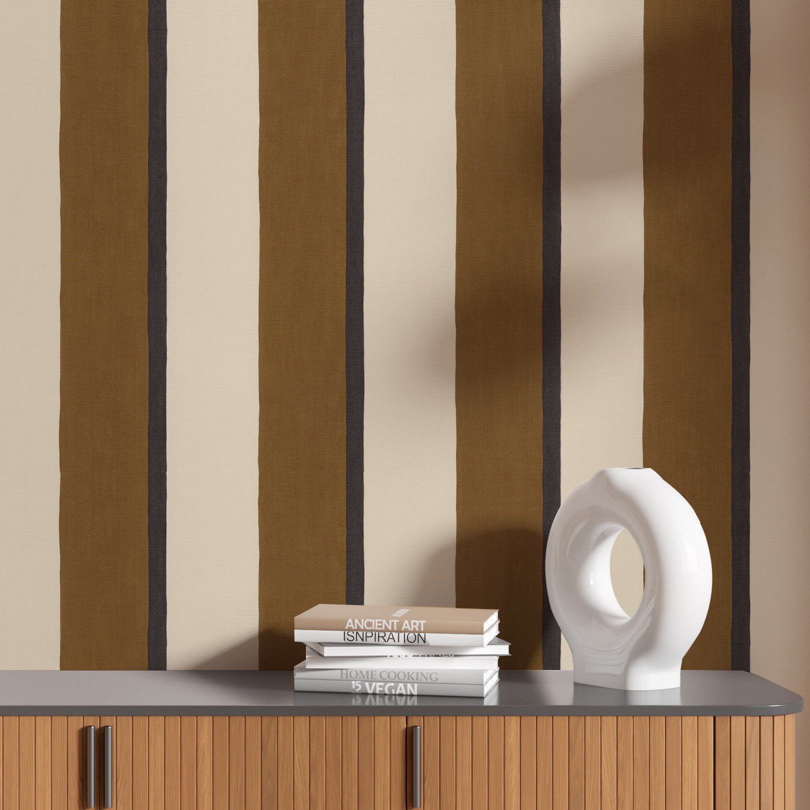 Structural wallpaper imitating striped canvas SINOPIA - NOIR/CAMEL brown with cream