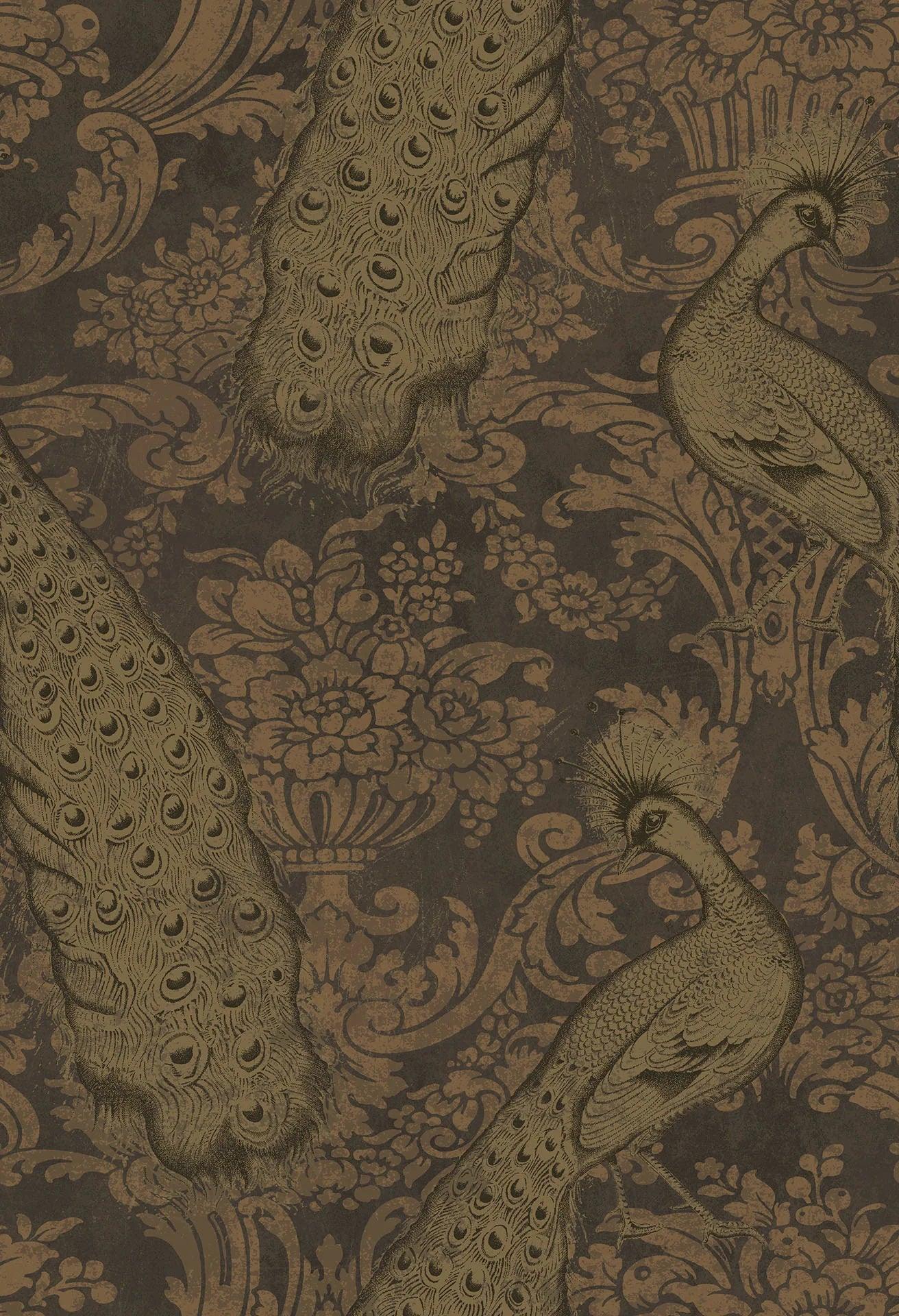 Metallic wallpaper with animal motif in peacock ALBEMARLE - Byron gold with bronze