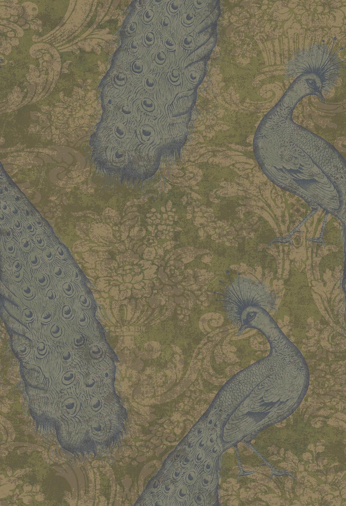 Tapeta metaliczna z motywem zwierzęcym w pawie ALBEMARLE - Byron turkus i złoto