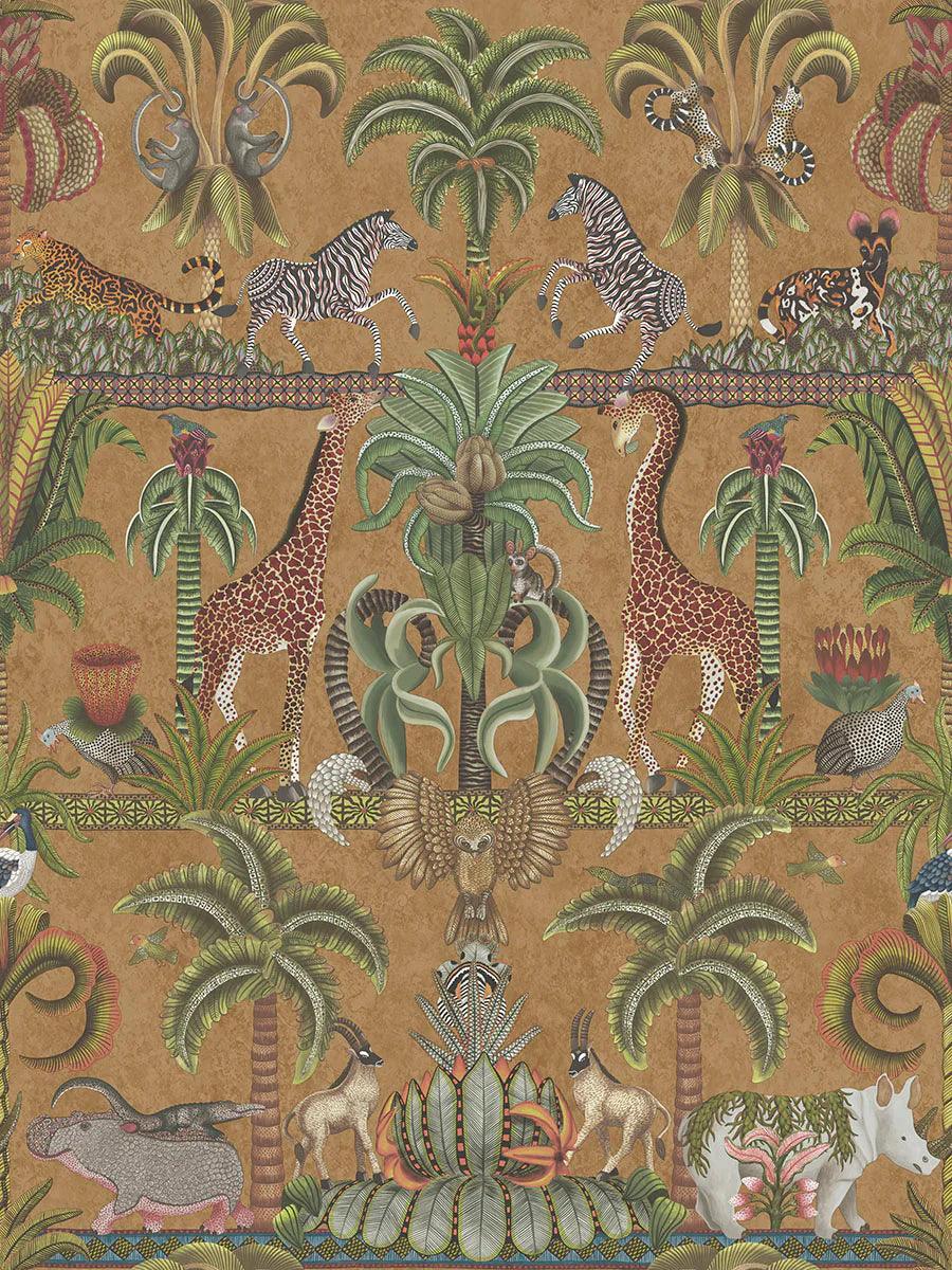 Metallic wallpaper with animal and plant motif ARDMORE JABULA - Africa Kingdom brown