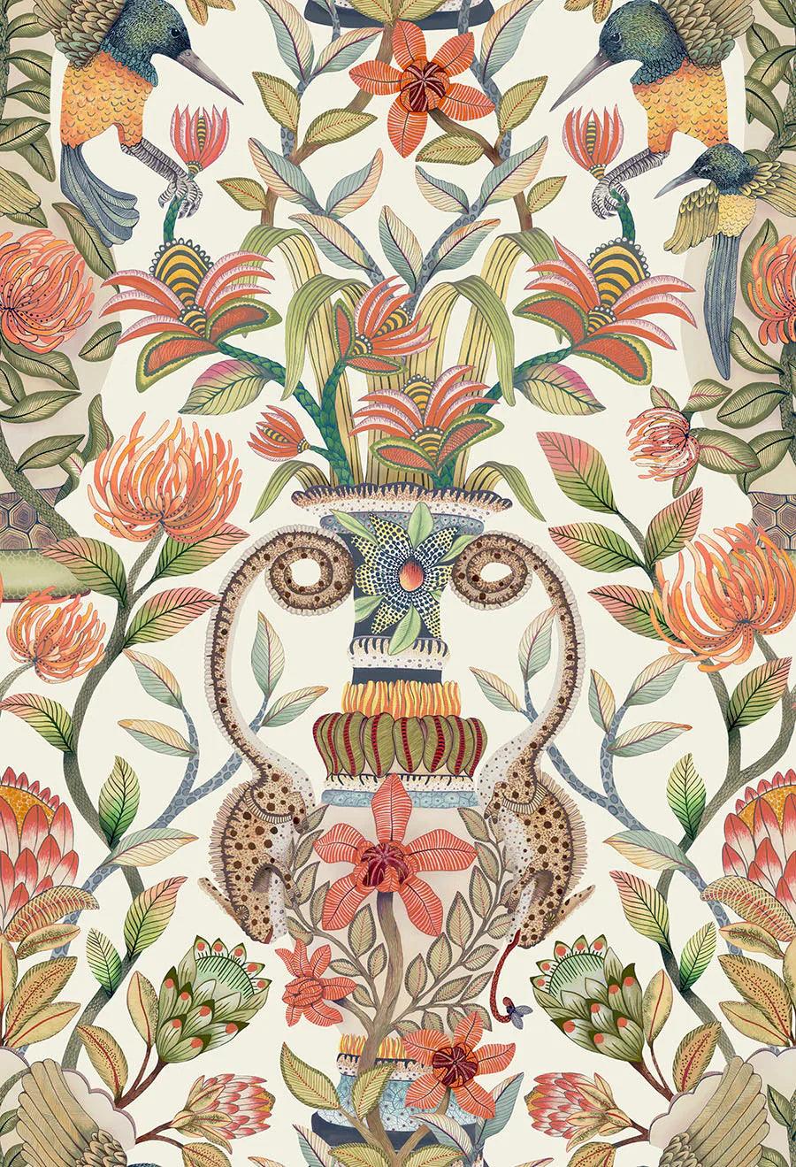 Wallpaper with plant and animal motif ARDMORE JABULA - Cream Protea Garden