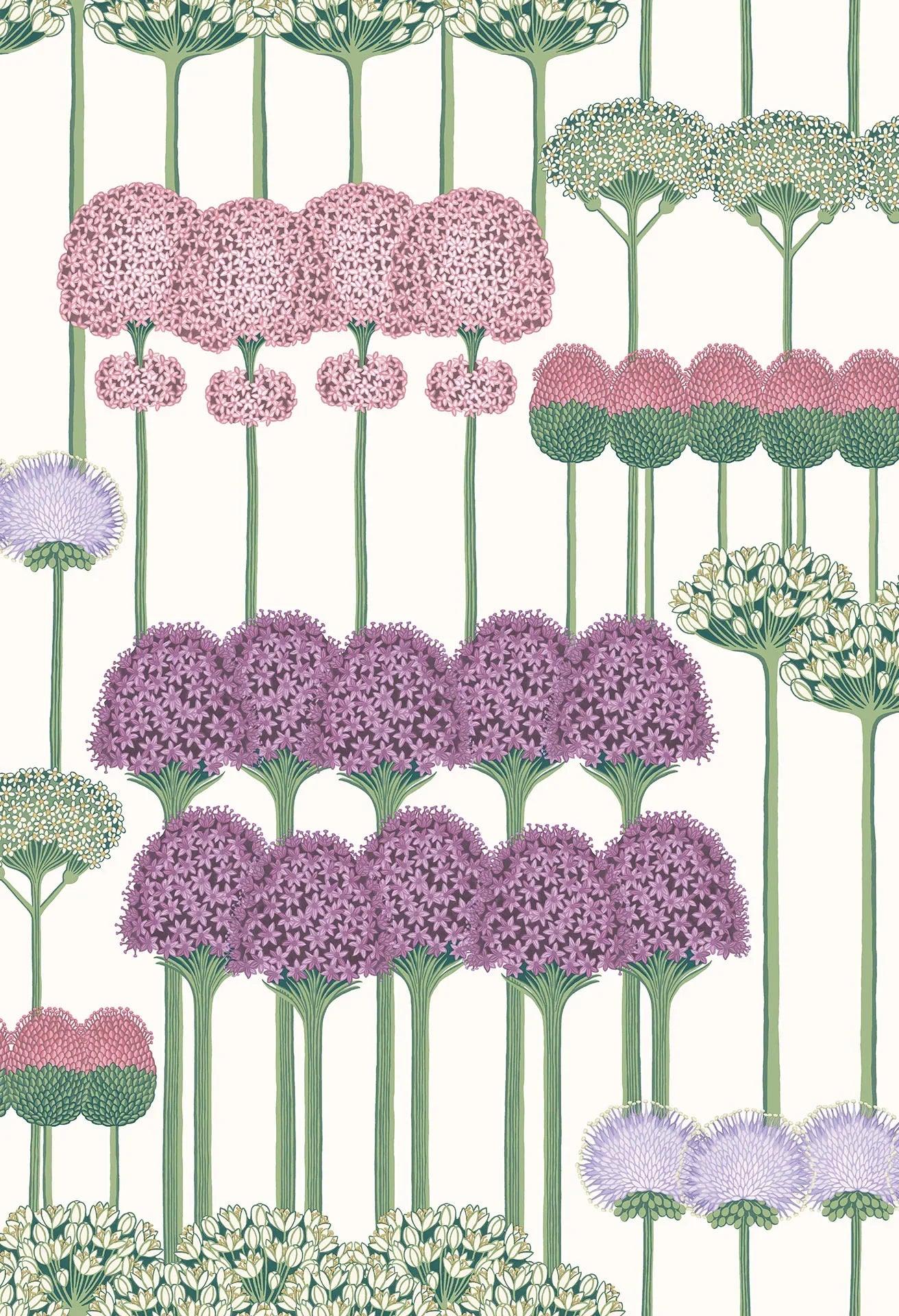 Wallpaper with a floral plant motif BOTANICAL BOTANICA - Pink Allium on White