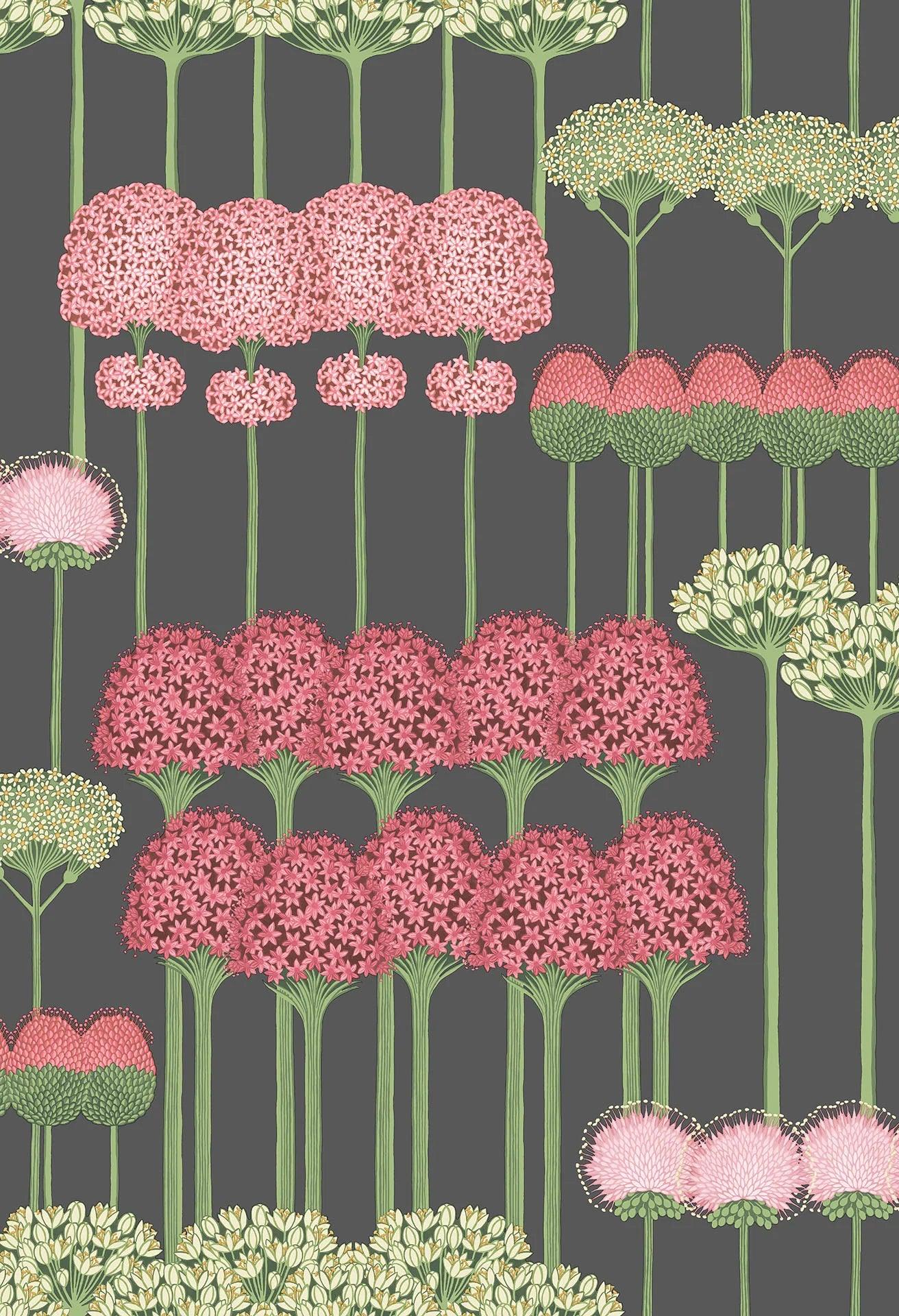 Botanical Wallpaper with Flower Motif - Pink Allium on Black