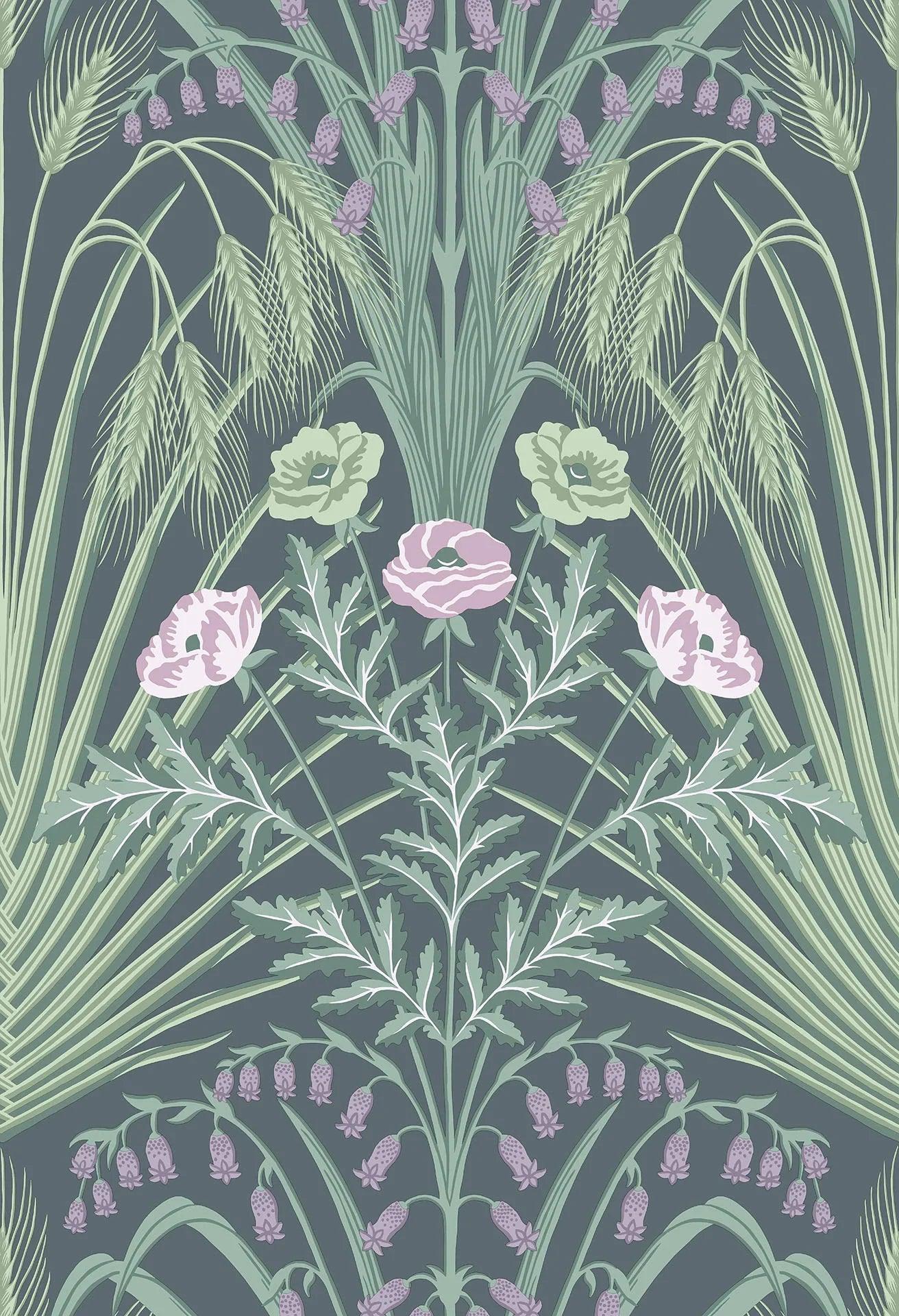 Tapete mit pflanzlichem Motiv aus Blättern und Blumen BOTANICAL BOTANICA - Blaustern lila auf dunklem Grün