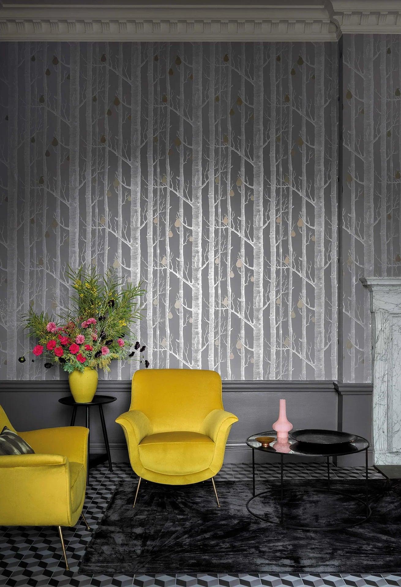 Wallpaper with a plant motif of trees CONTEMPORARY COLLECTION - Woods & Pears white on black