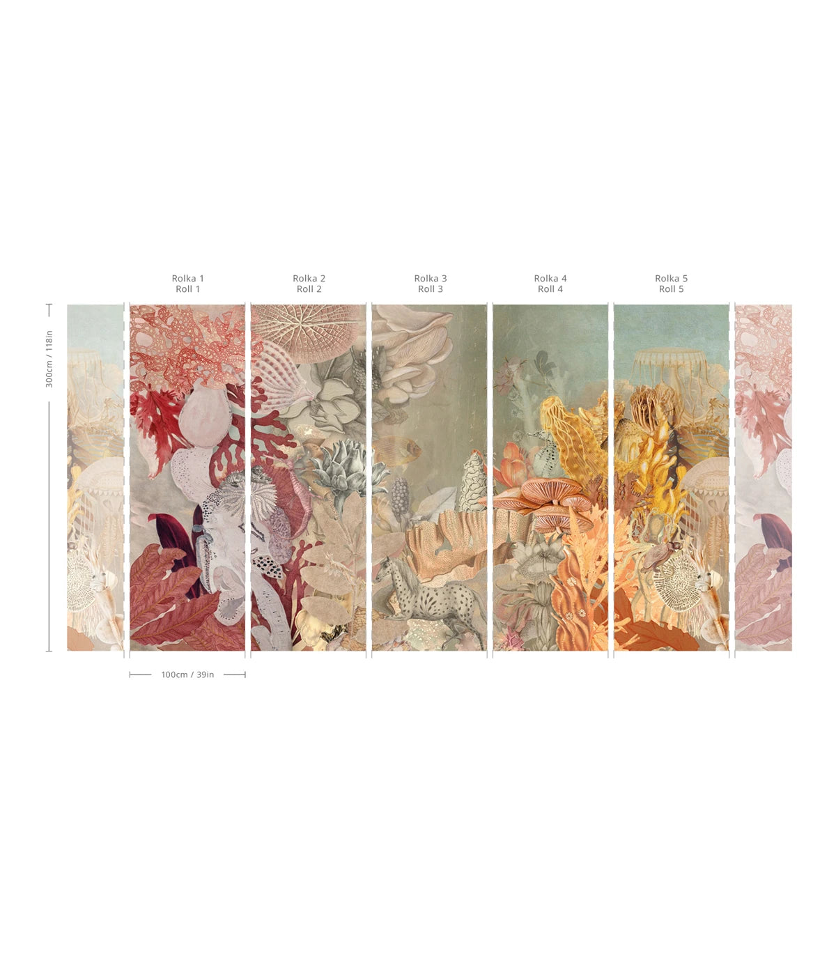 Tapeta flizelinowa z motywem morskim CORAL MIRAGE zielony z koralowym