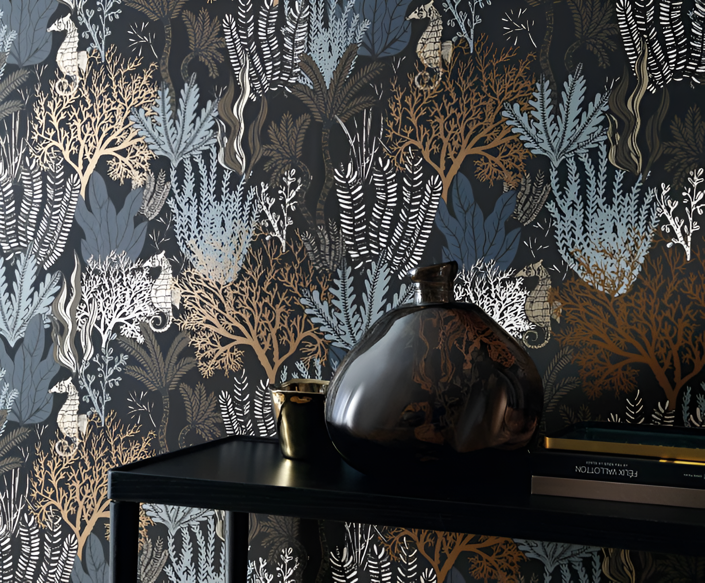 Marine Plant Motif Wallpaper POSIDONIE - MULTICO Black with Red and Blue