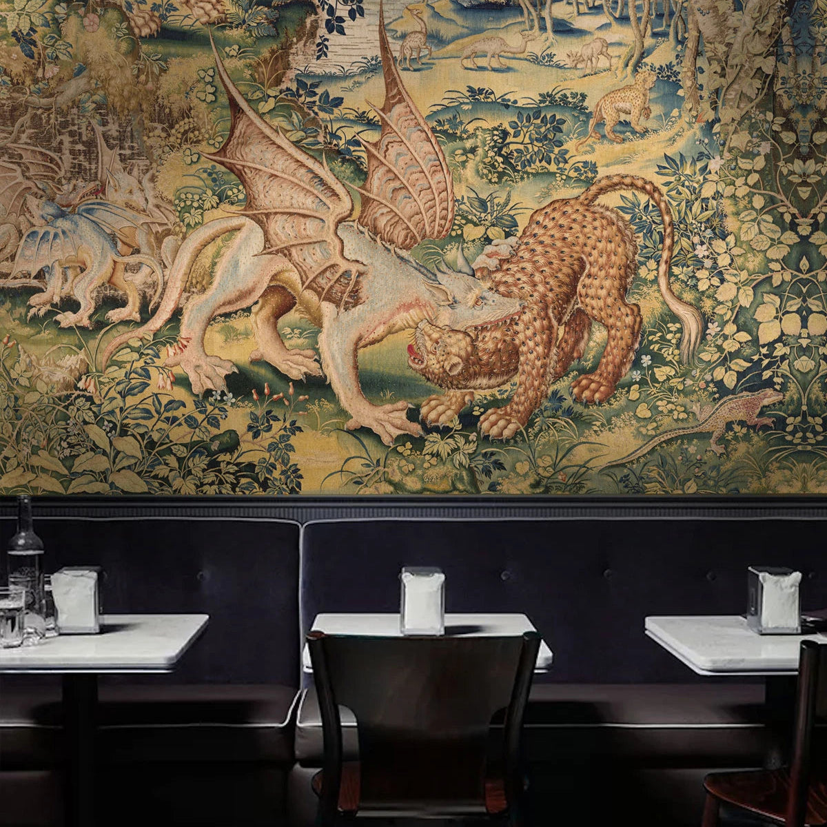 Animal-themed wallpaper DRAGON ARRAS sandy beige with green