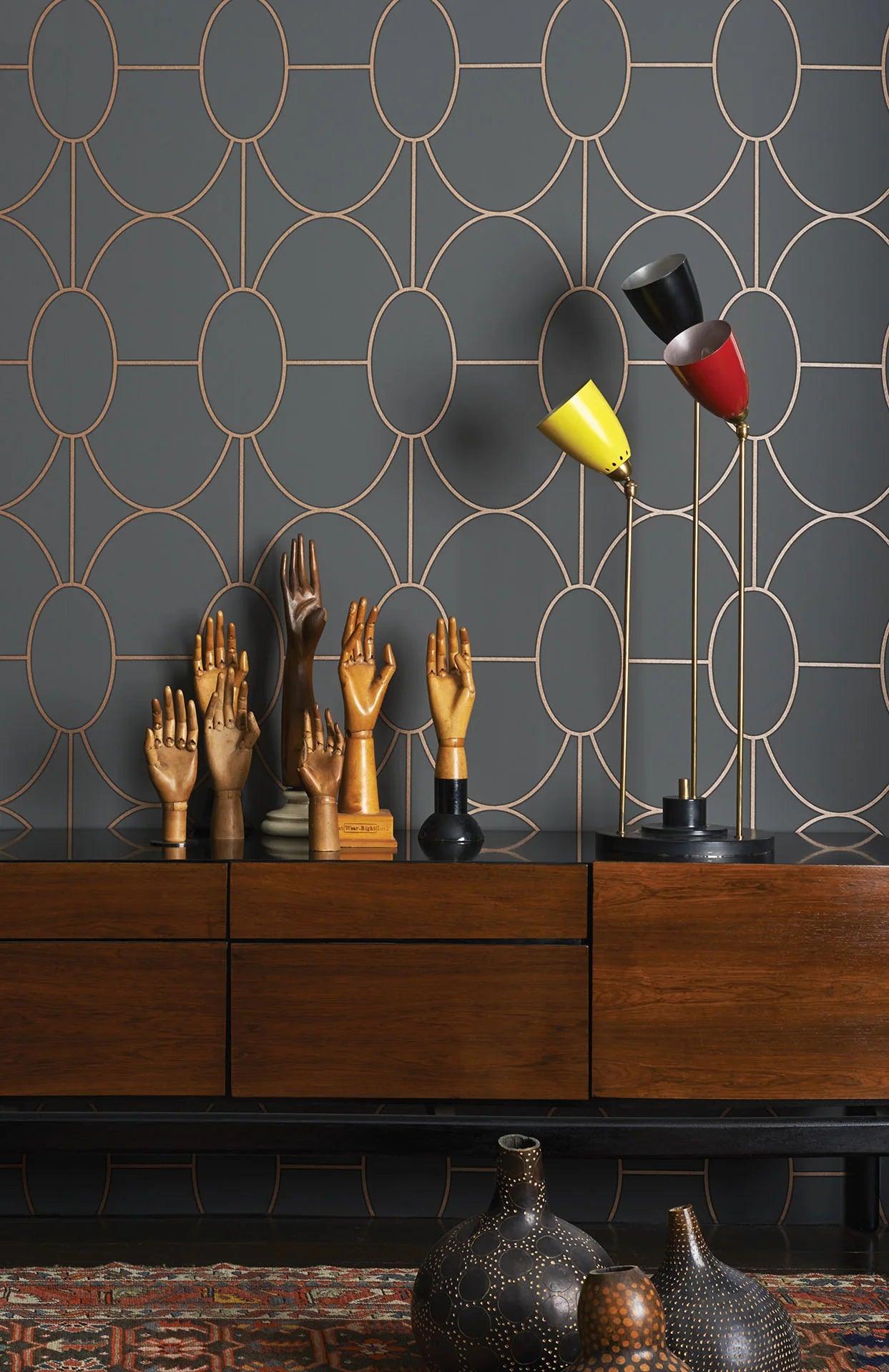 Tapeta z geometrycznym wzorem art deco GEOMETRIC II - Riviera ciepły szary