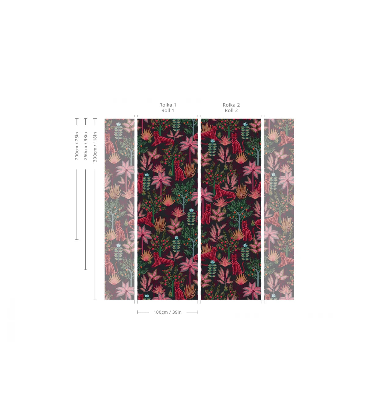 Tapete mit pflanzlichem und tierischem Motiv GOLD TIGERS BLACK schwarz mit rot