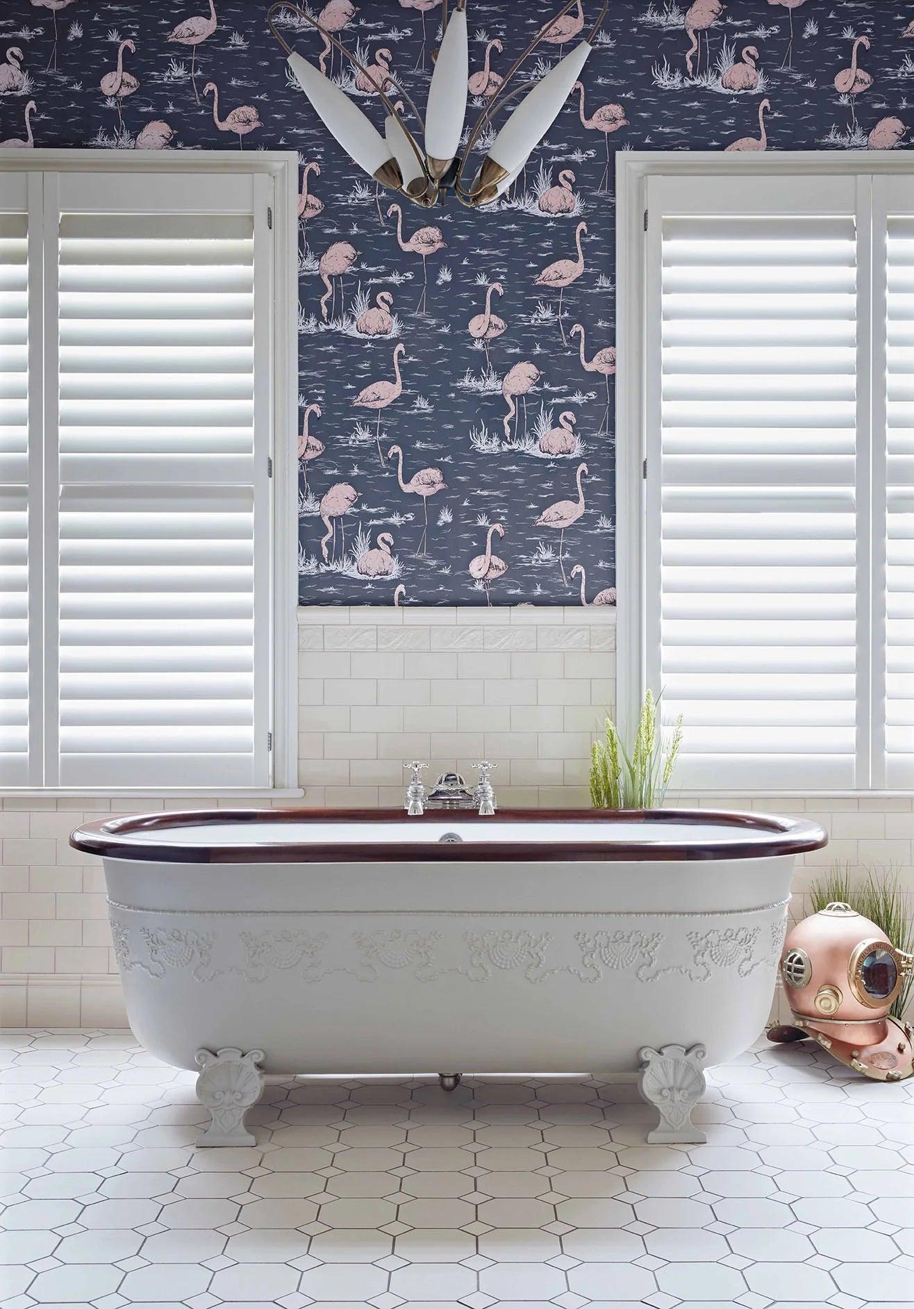 Wallpaper with animal motif of birds ICONS - Flamingos gray-blue