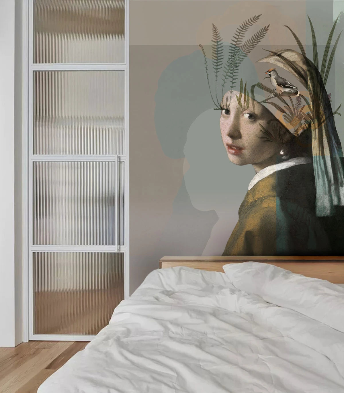 Wallpaper with the artistic portrait NATURE GIRL WITH THE PEARL beige with green