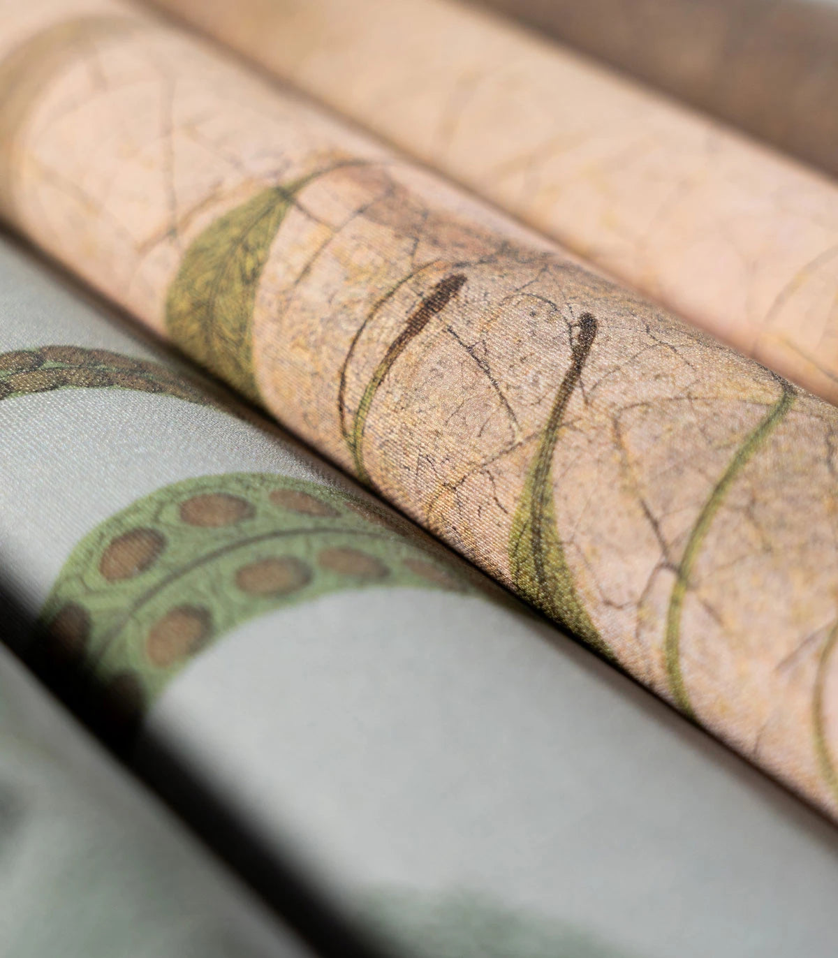 Wallpaper with the artistic portrait NATURE GIRL WITH THE PEARL beige with green