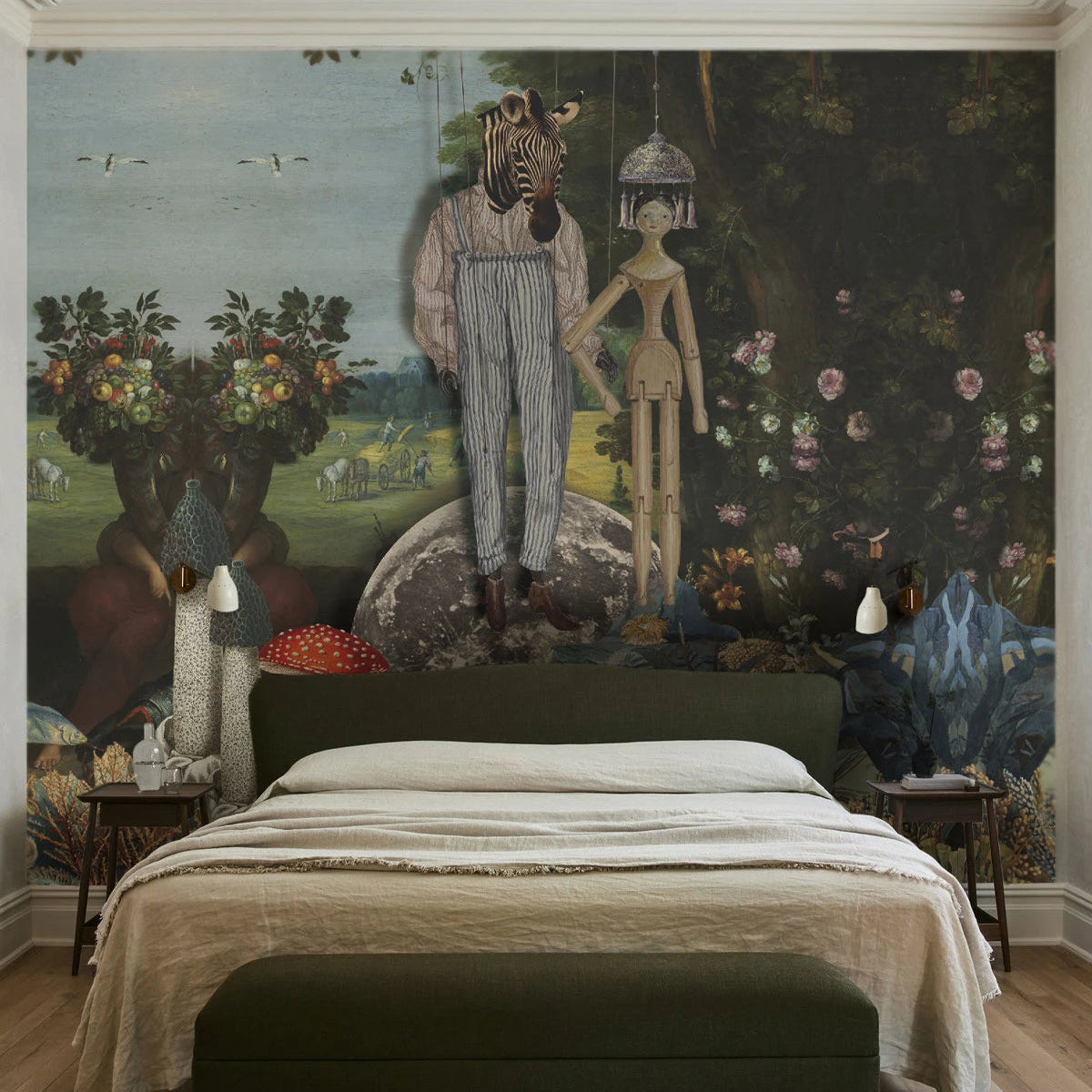 Tapeta z artystycznym krajobrazem PUPPETS ciemnozielony z niebieskim