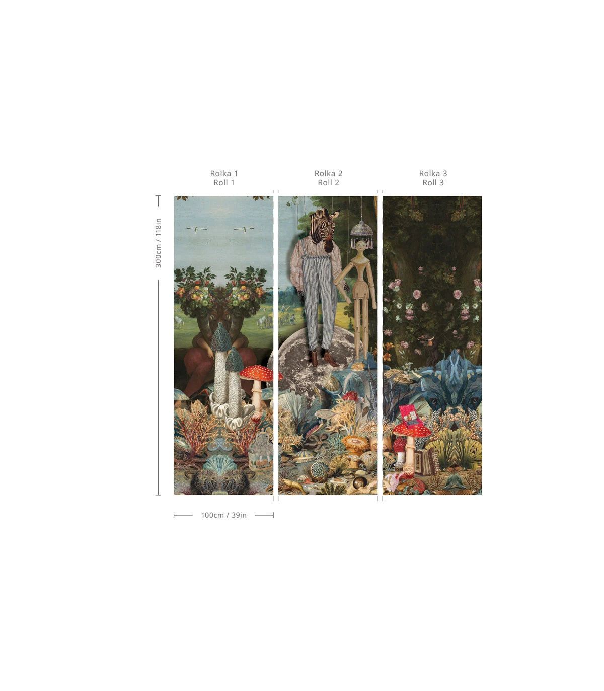 Tapeta z artystycznym krajobrazem PUPPETS ciemnozielony z niebieskim