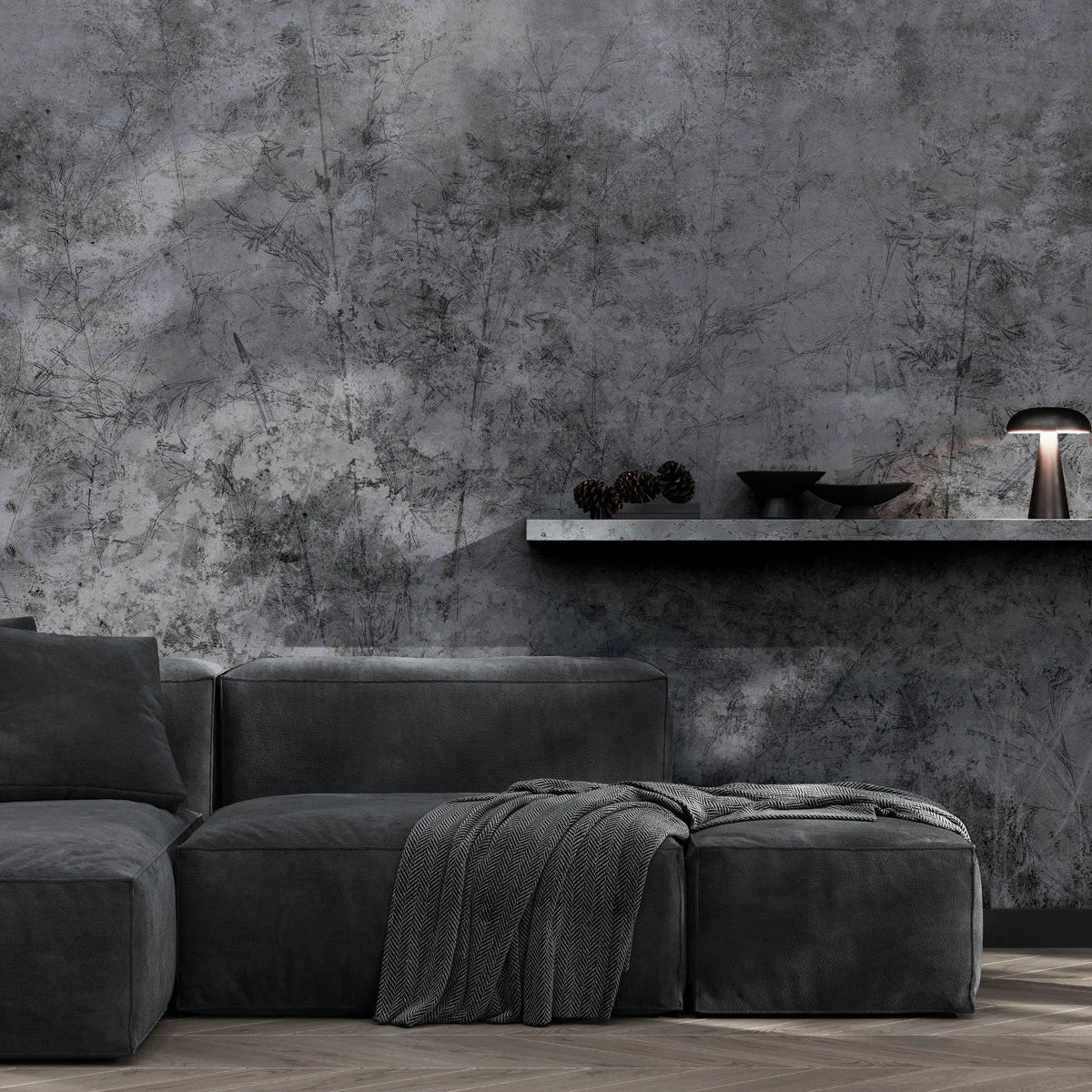 Tapete mit Pflanzenmotiv STEMS grau mit schwarz