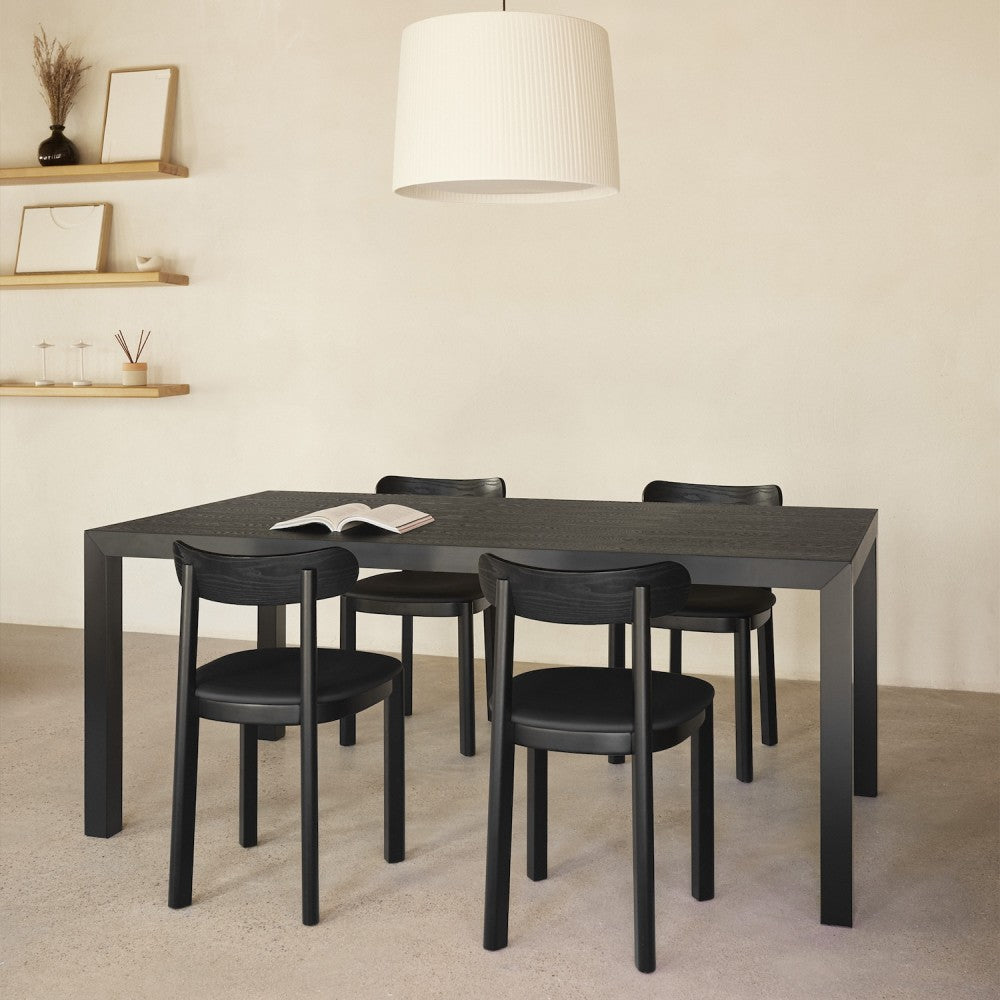 ALMA oak veneer table with sand-colored base