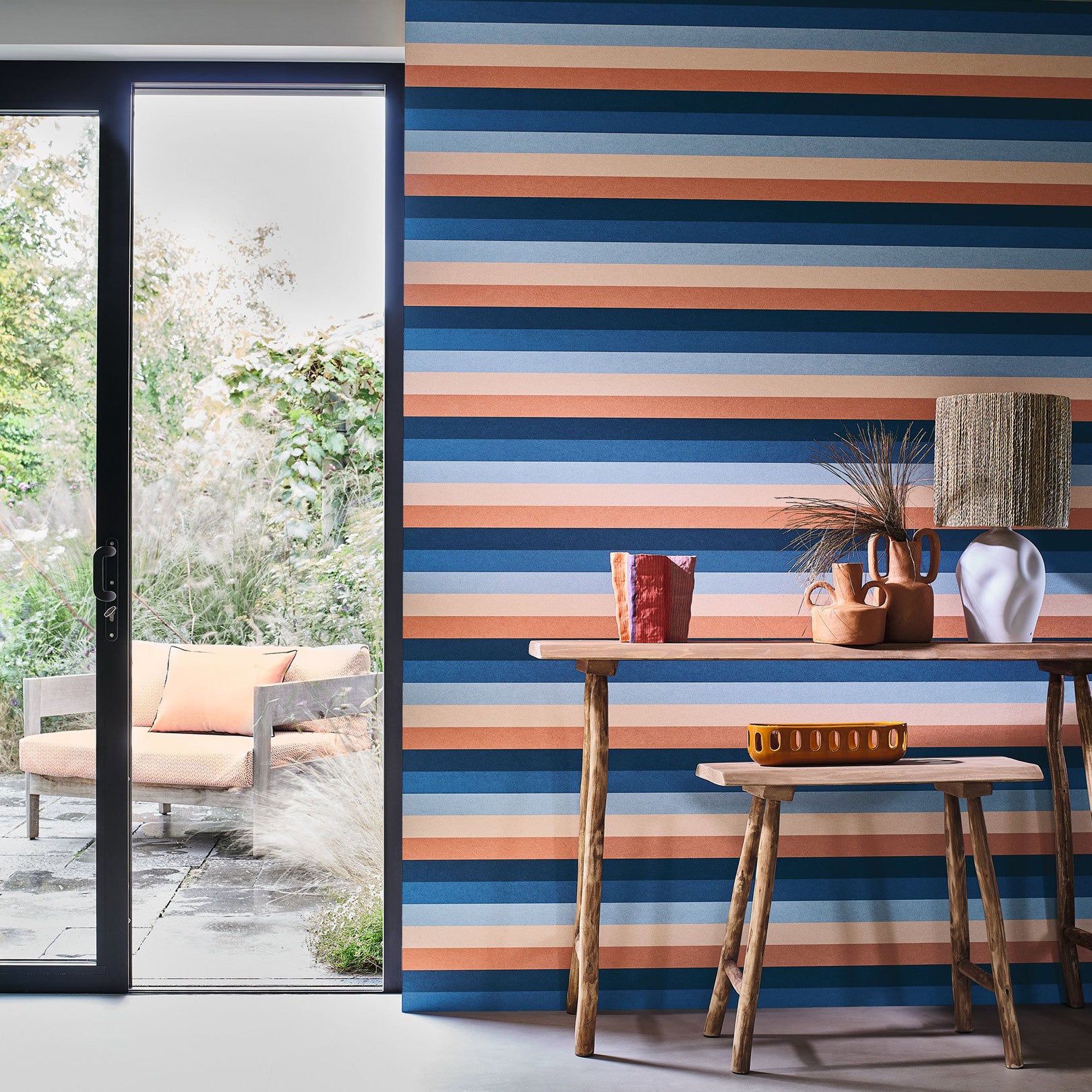 Tapeta strukturalna w paski TRANSAT - MARINE/CORAIL granatowy z koralowym