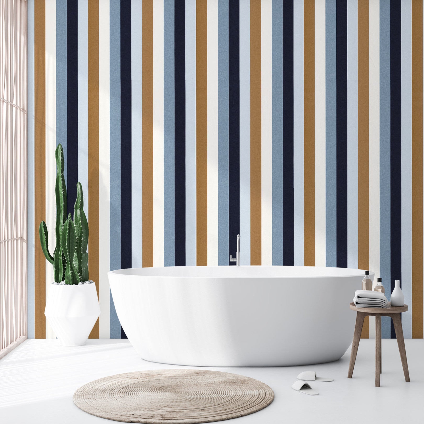 Structural striped wallpaper TRANSAT - PERSIAN BLUE/ORANGE