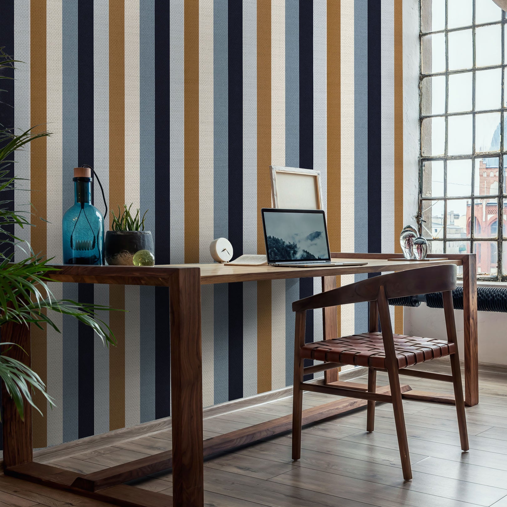 Structural striped wallpaper TRANSAT - PERSIAN BLUE/ORANGE