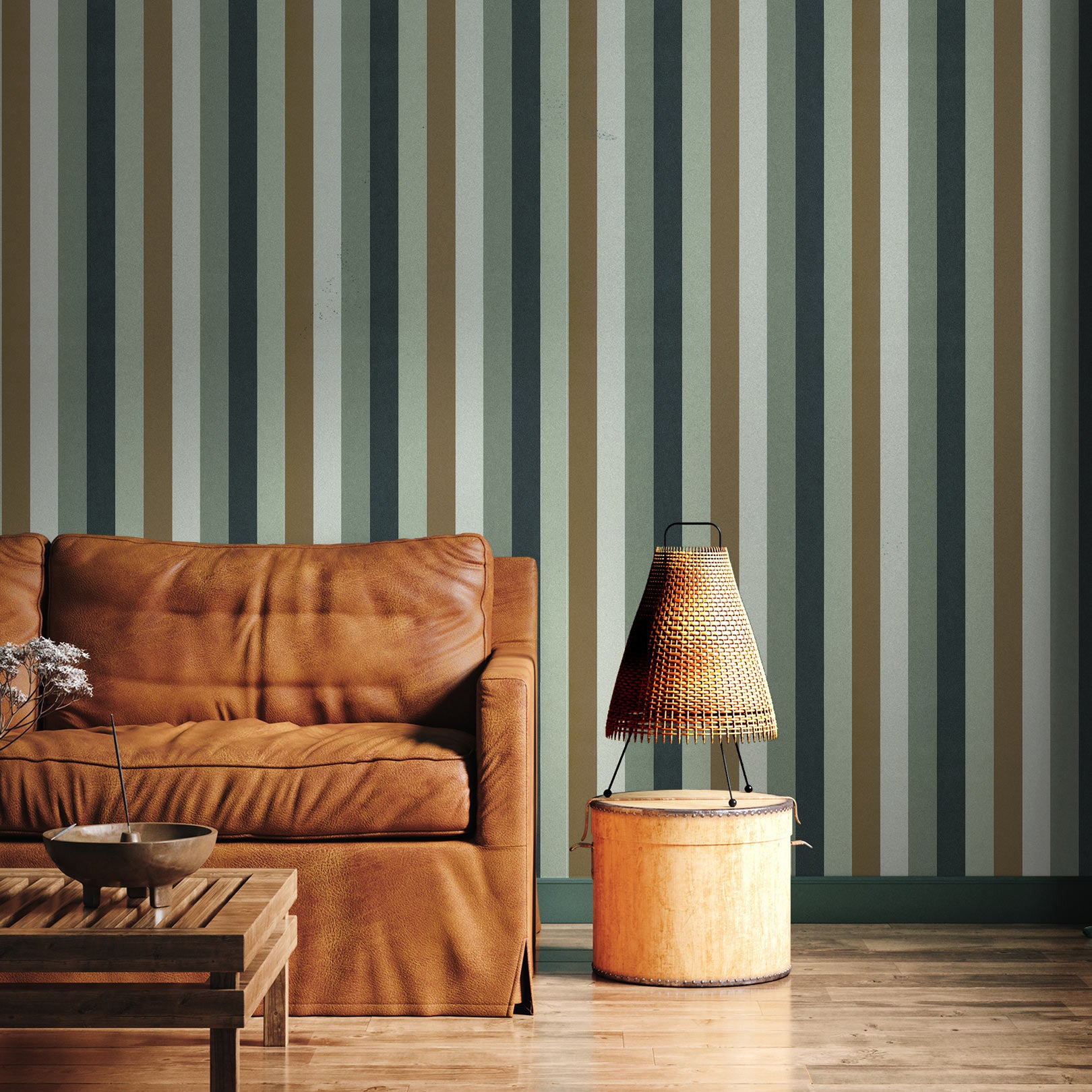 Striped Structural Wallpaper TRANSAT - CELADON/BRONZE mint green with brown