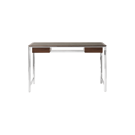 Schreibtisch STUDIO grüner Lederoberfläche mit Nussbaumrahmen und Aluminiumfuß